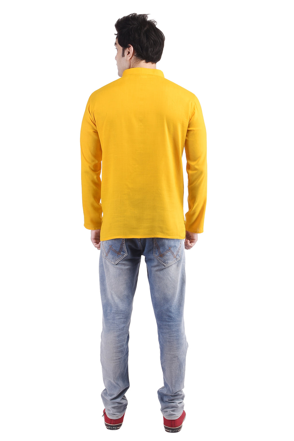 Yellow Short Rayon Slub Solid Men's Kurta