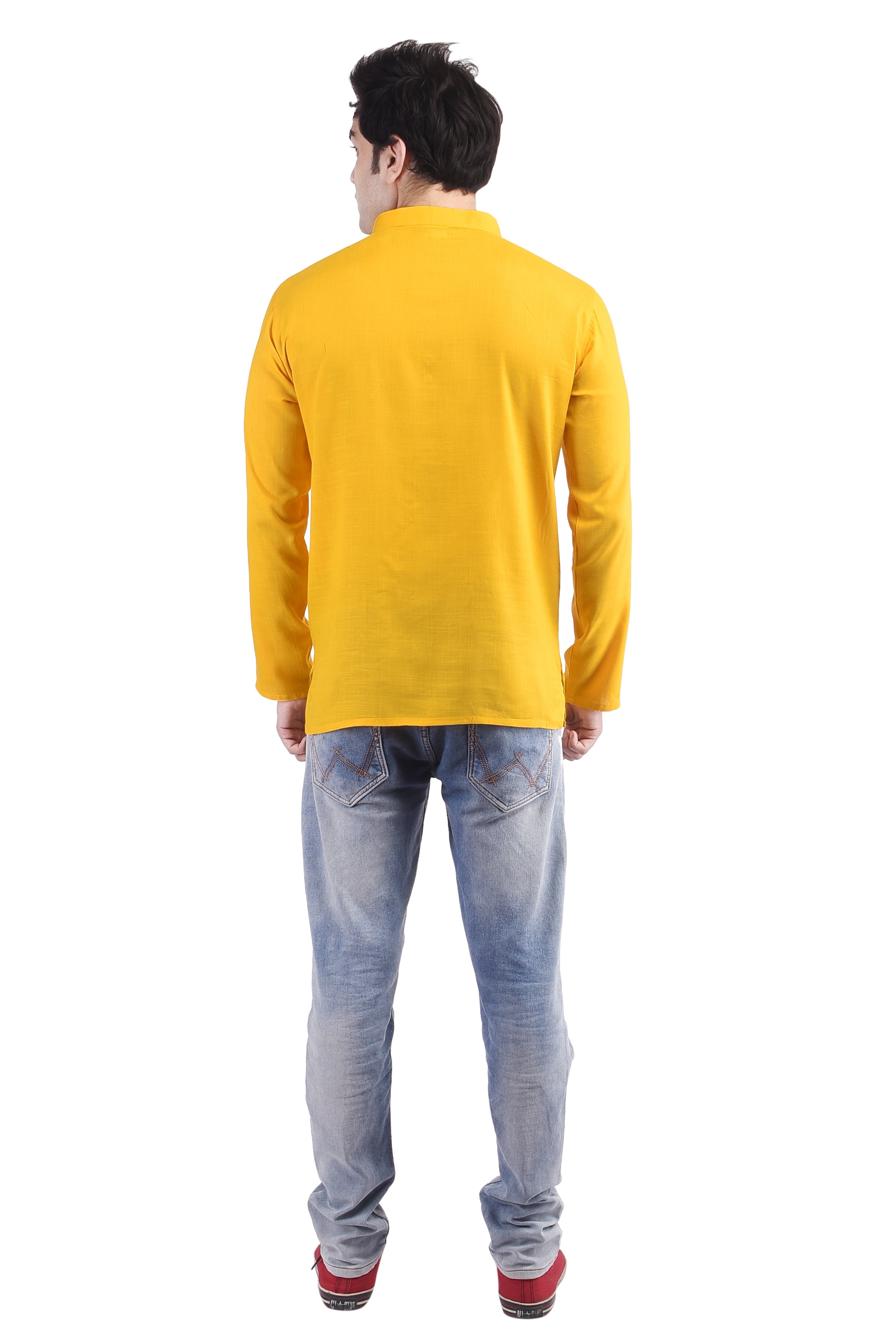 Yellow Short Rayon Slub Solid Men's Kurta