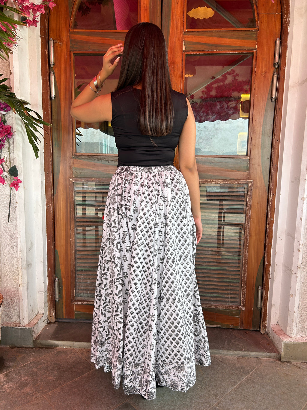 Grey Black Gulnaar Handblock Cotton Skirt