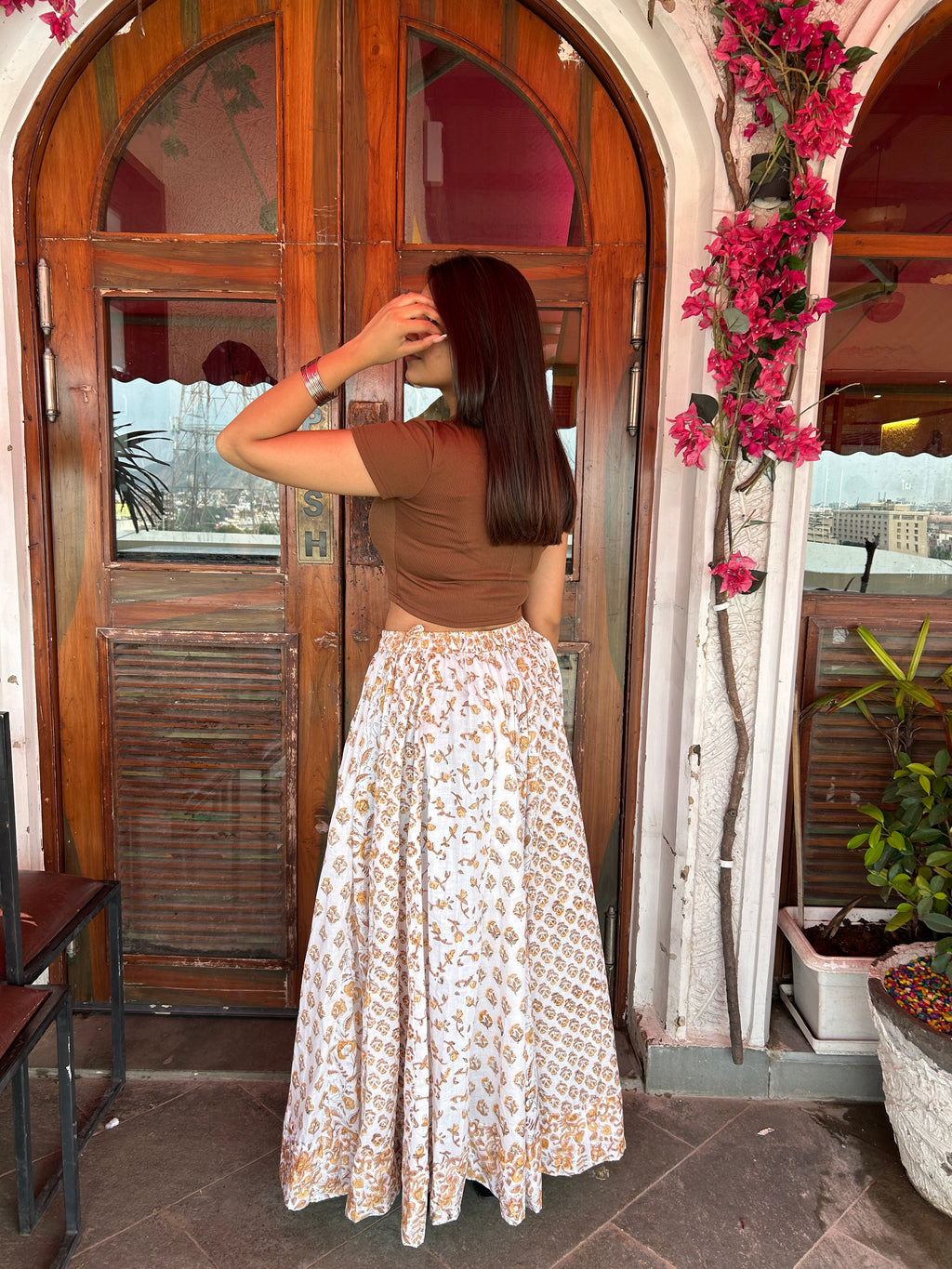 Golden Brown Gulnaar Handblock Cotton Skirt