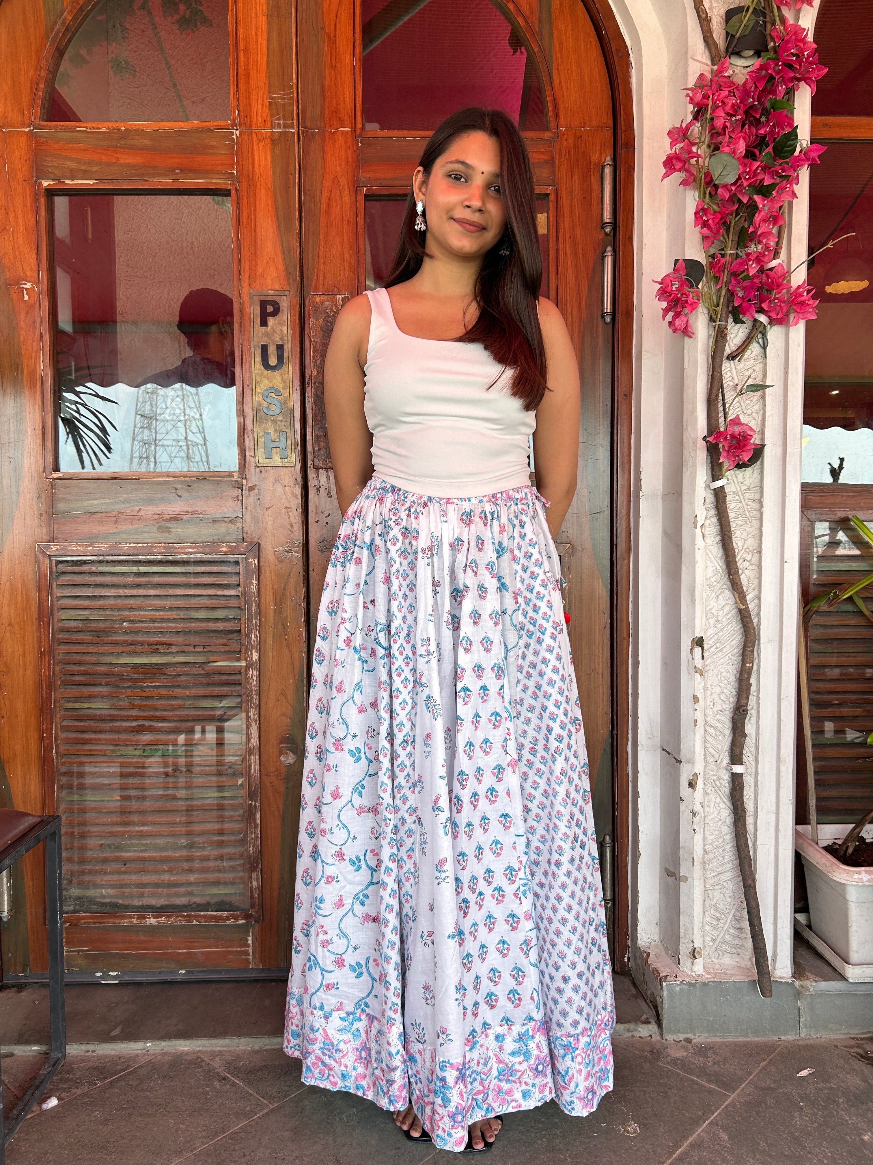 Blue-Pink Gulnaar Handblock Cotton Skirt