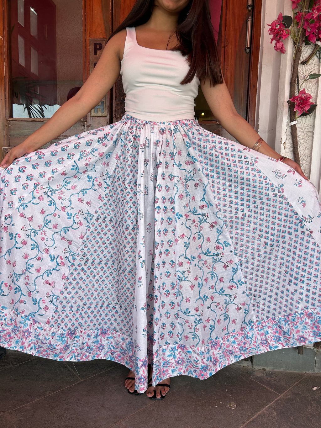 Blue-Pink Gulnaar Handblock Cotton Skirt