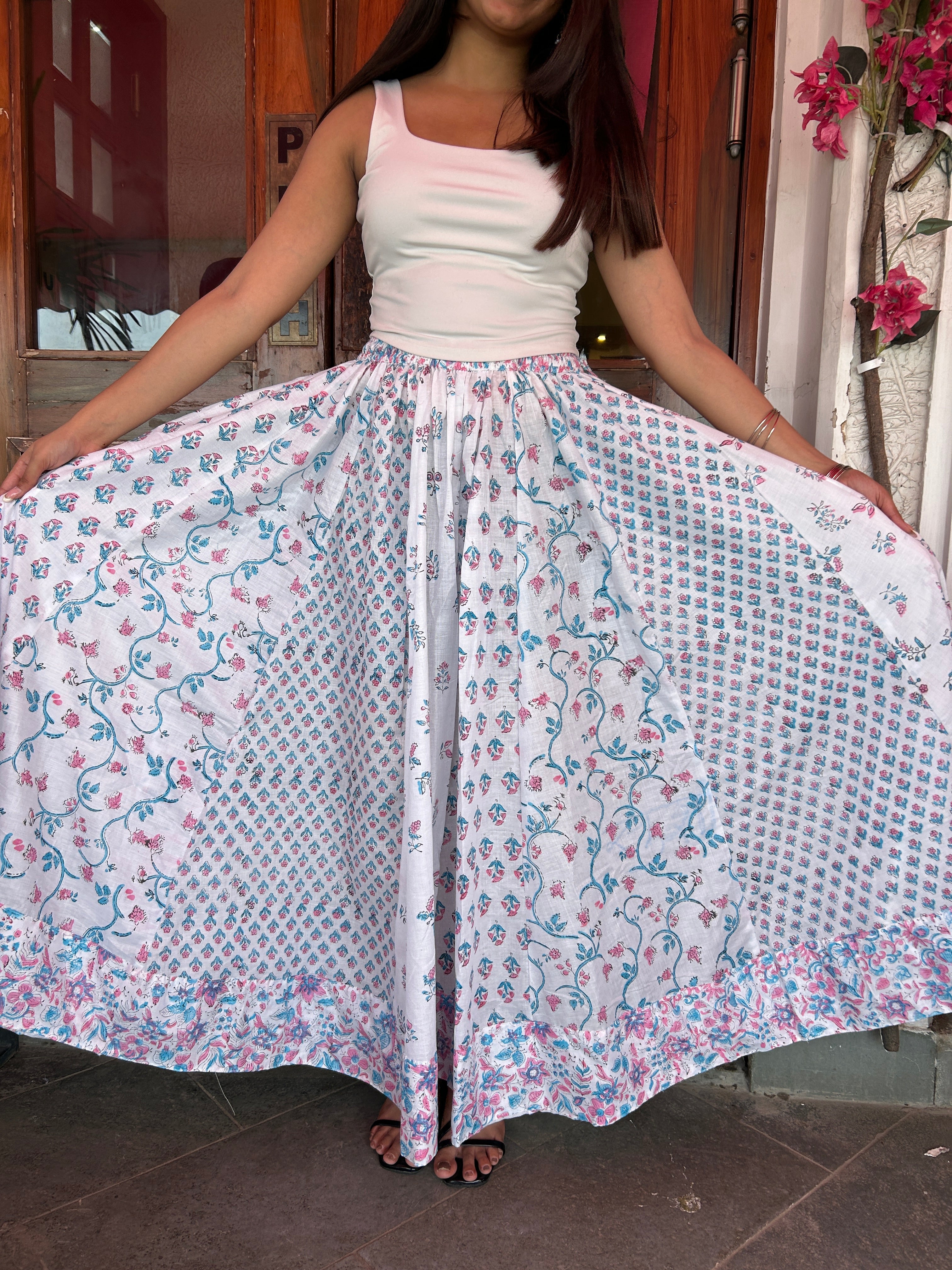Blue-Pink Gulnaar Handblock Cotton Skirt