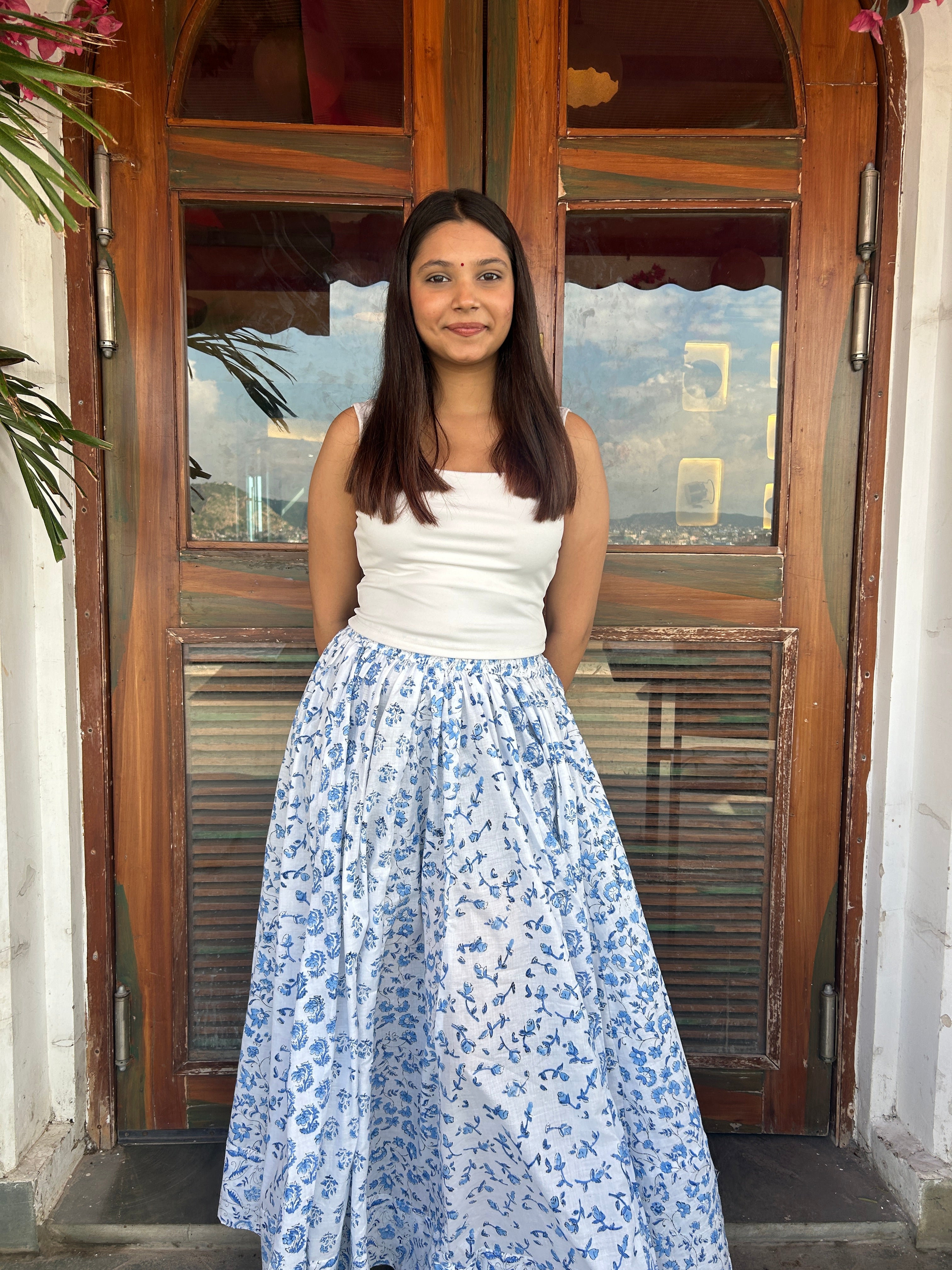 Blue Gulnaar Handblock Cotton Skirt