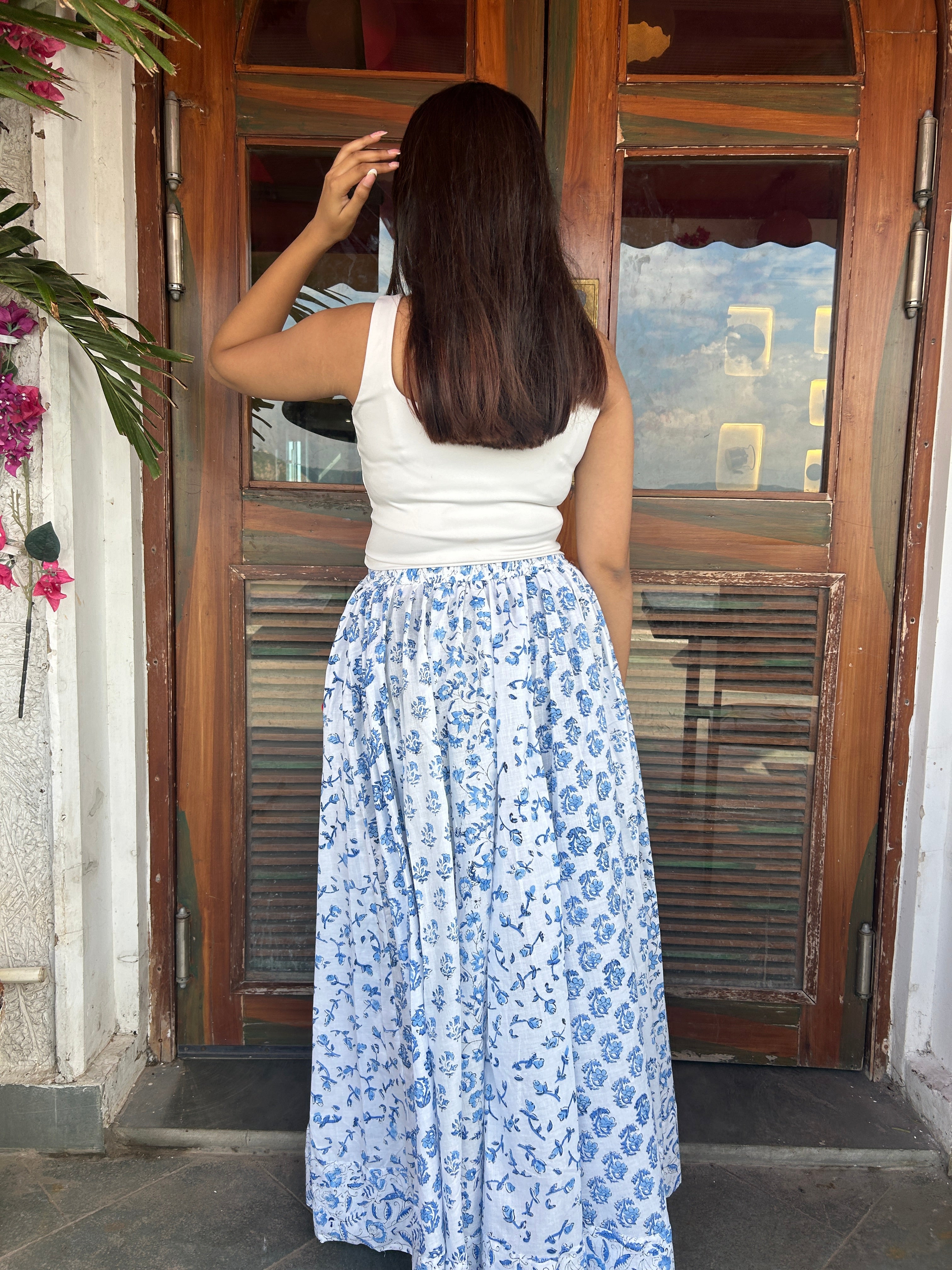 Blue Gulnaar Handblock Cotton Skirt