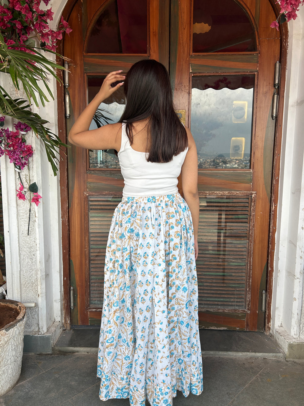 Mustard Blue Gulnaar Handblock Cotton Skirt