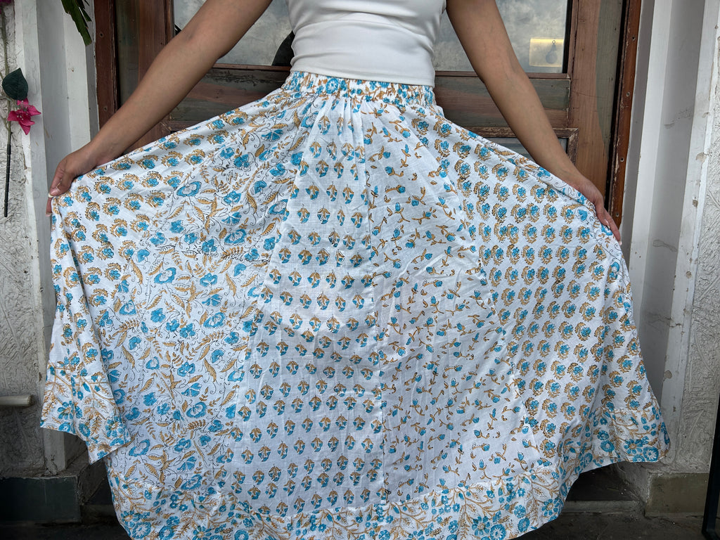 Mustard Blue Gulnaar Handblock Cotton Skirt
