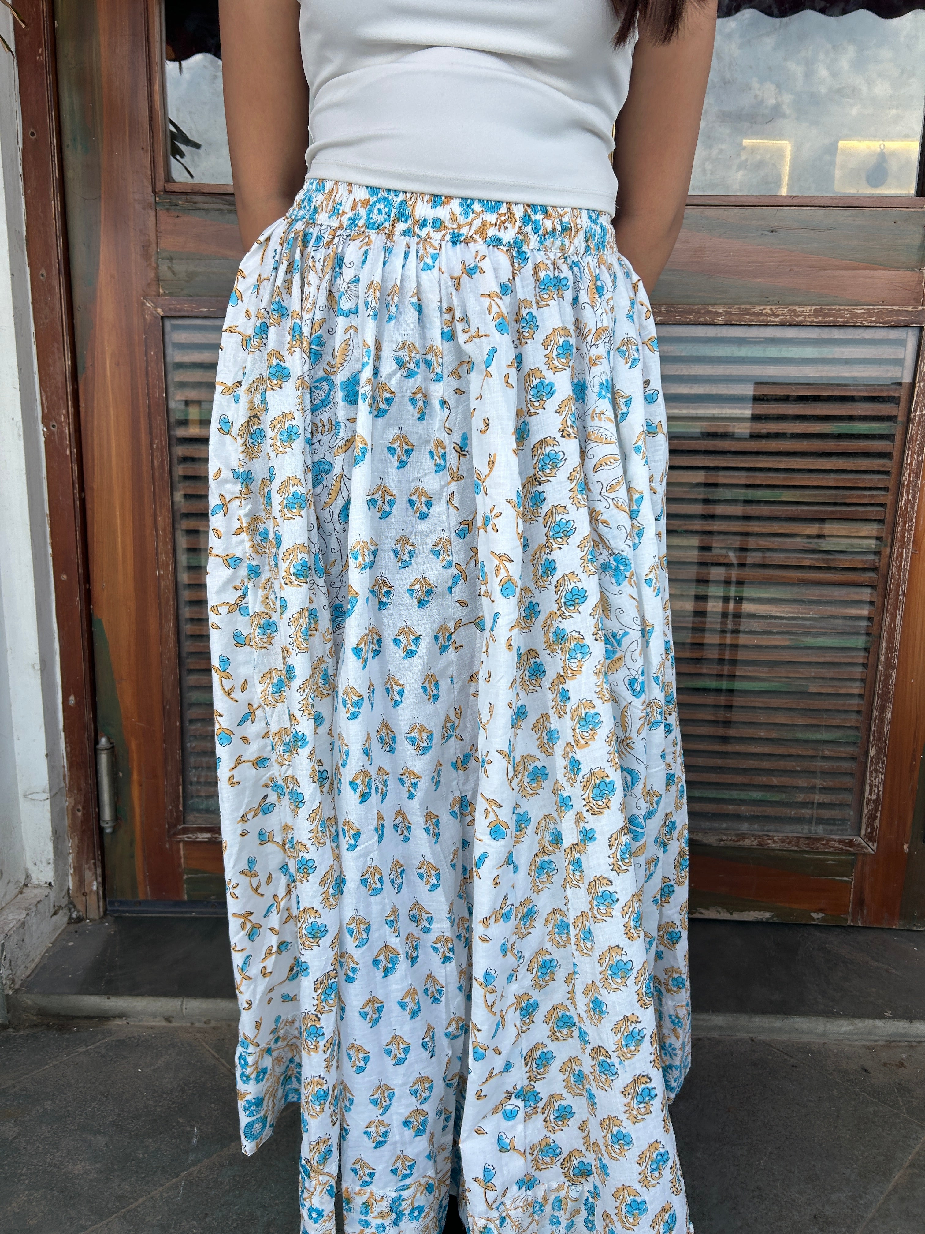 Mustard Blue Gulnaar Handblock Cotton Skirt