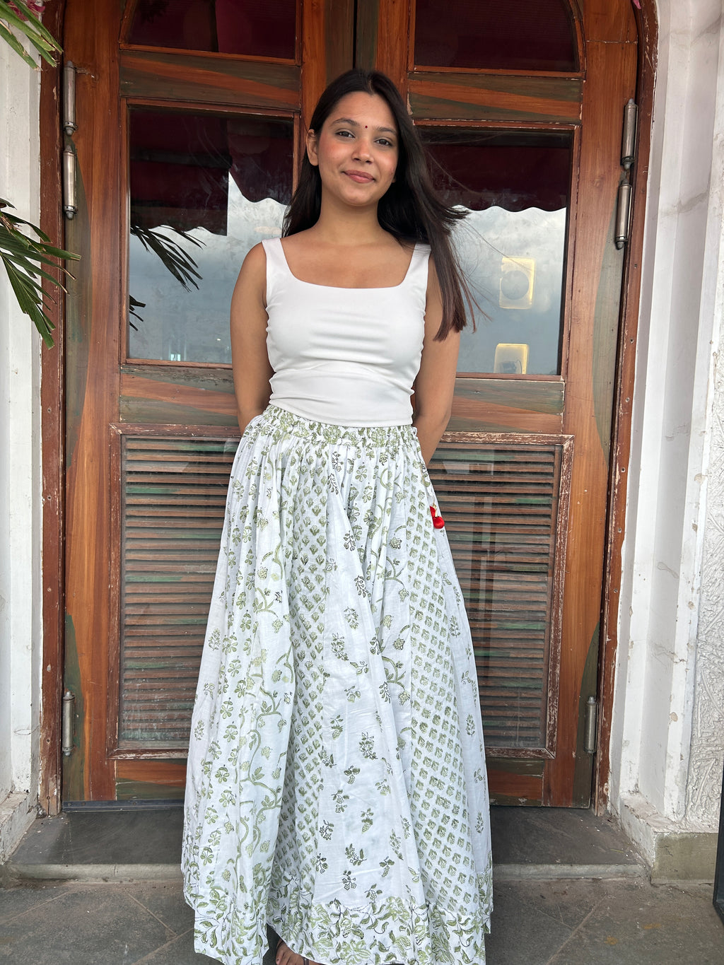 Green Gulnaar Handblock Cotton Skirt