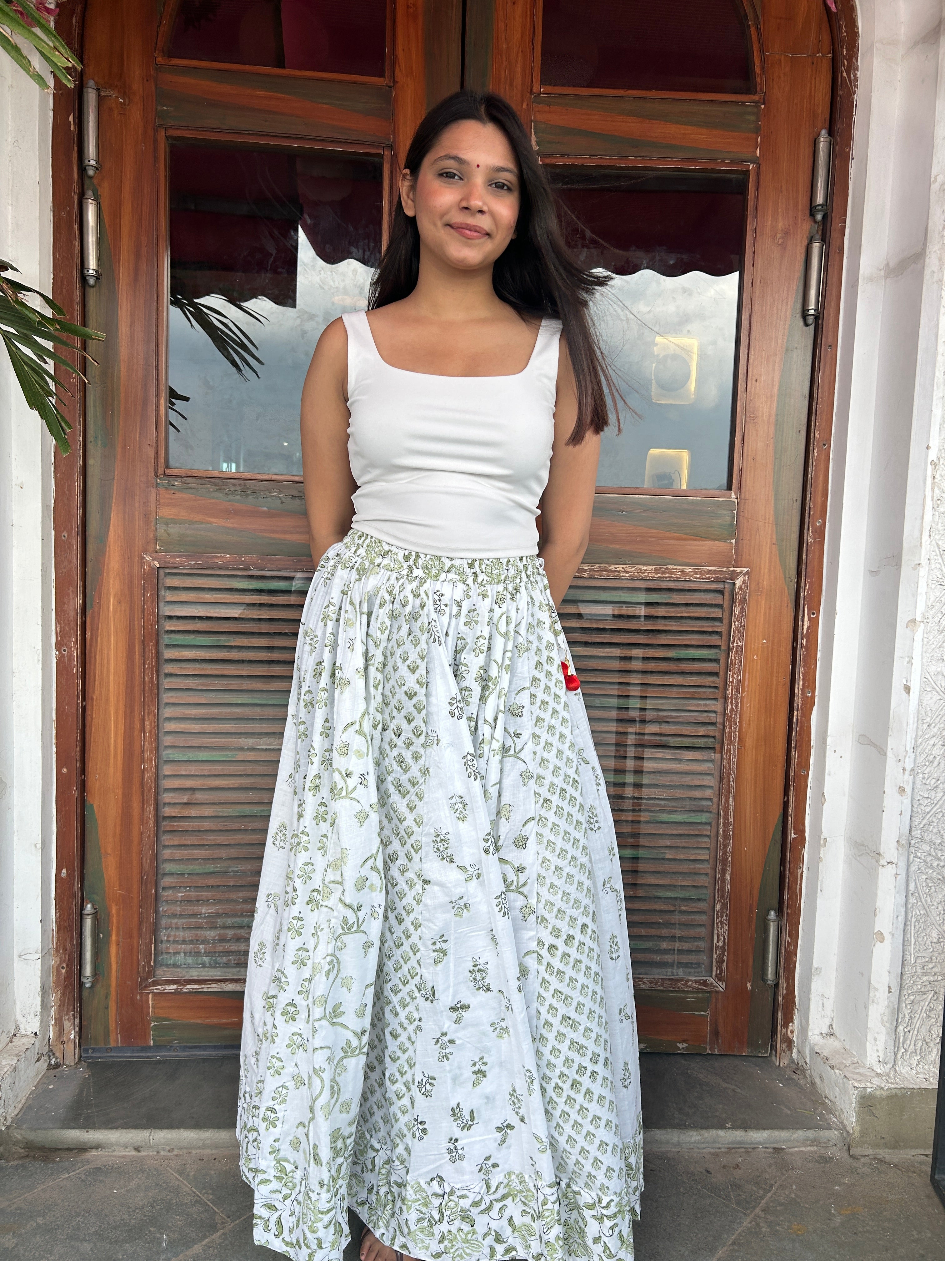 Green Gulnaar Handblock Cotton Skirt