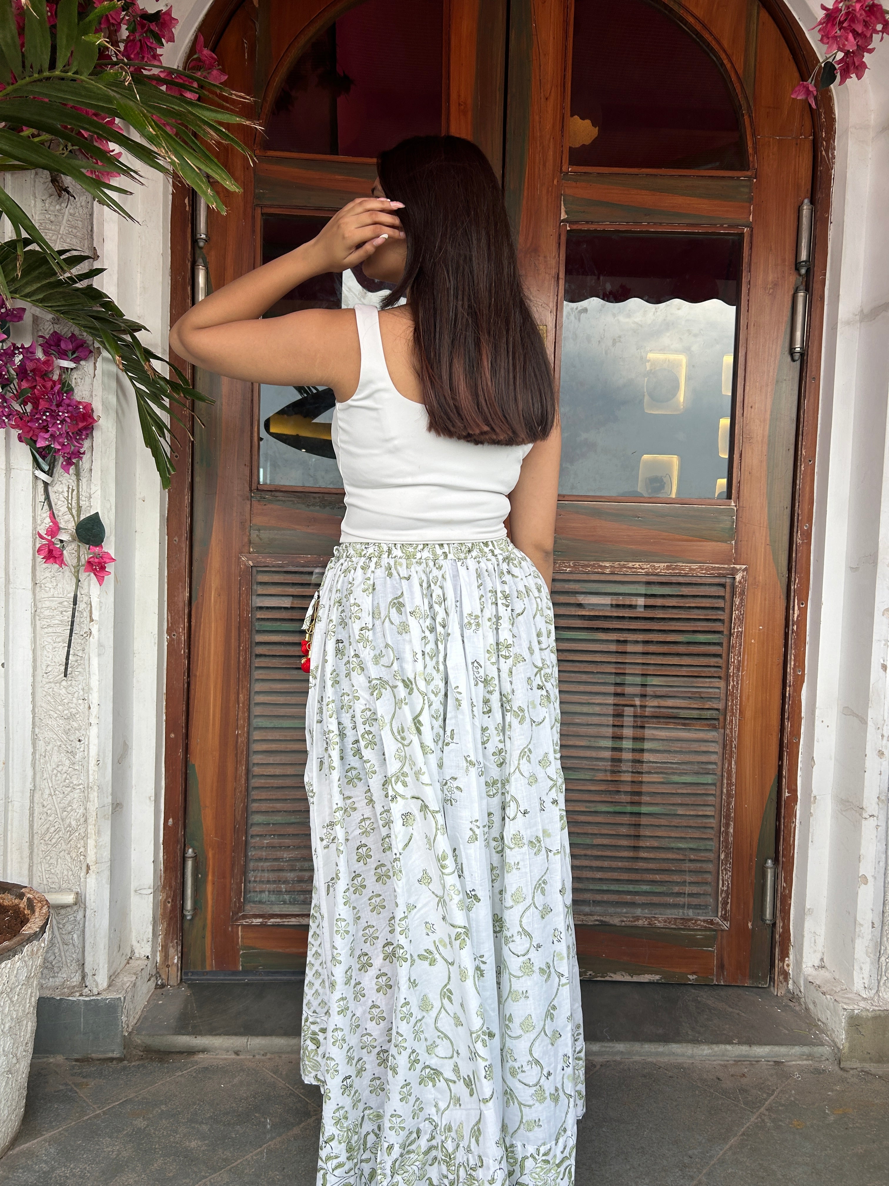 Green Gulnaar Handblock Cotton Skirt