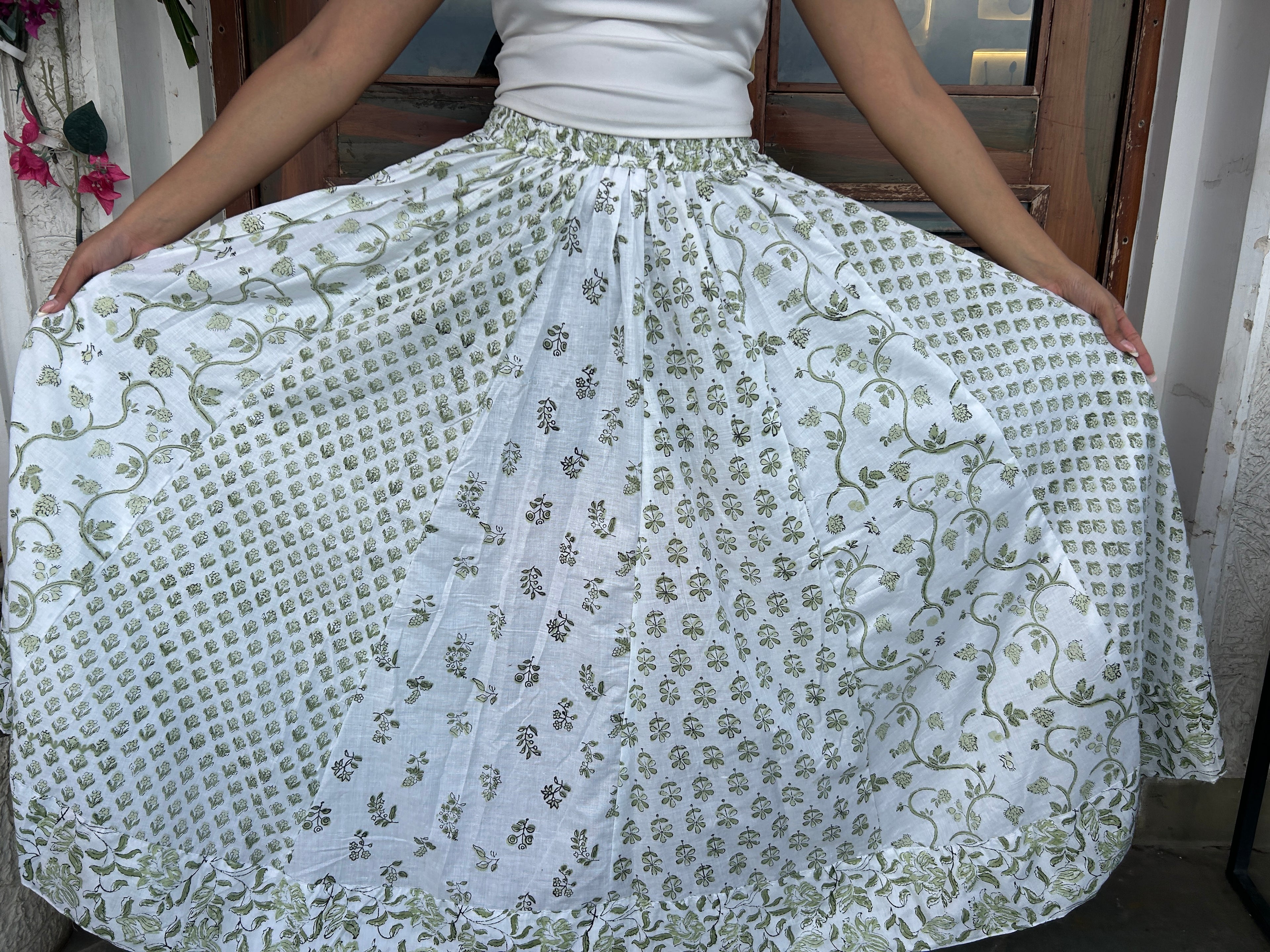 Green Gulnaar Handblock Cotton Skirt