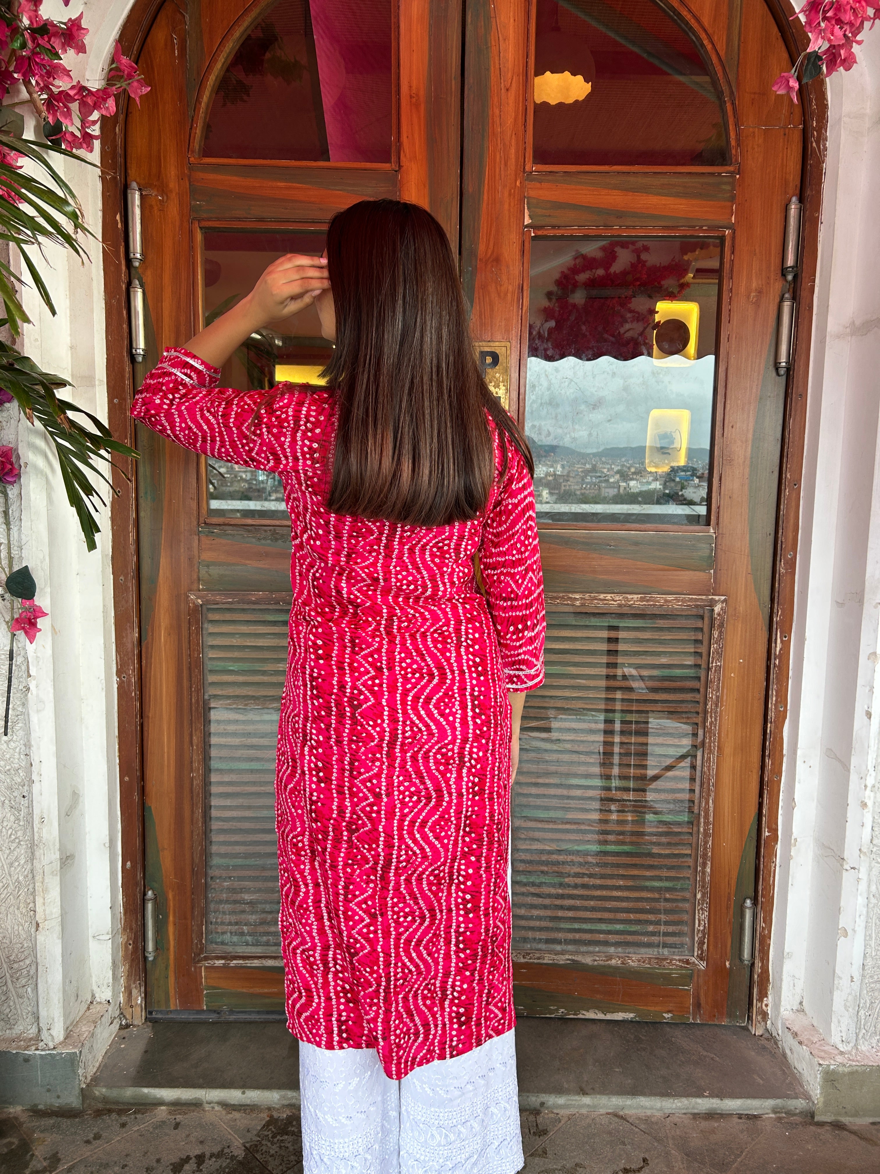 Rani Pink Bandhej Aaina Kurti