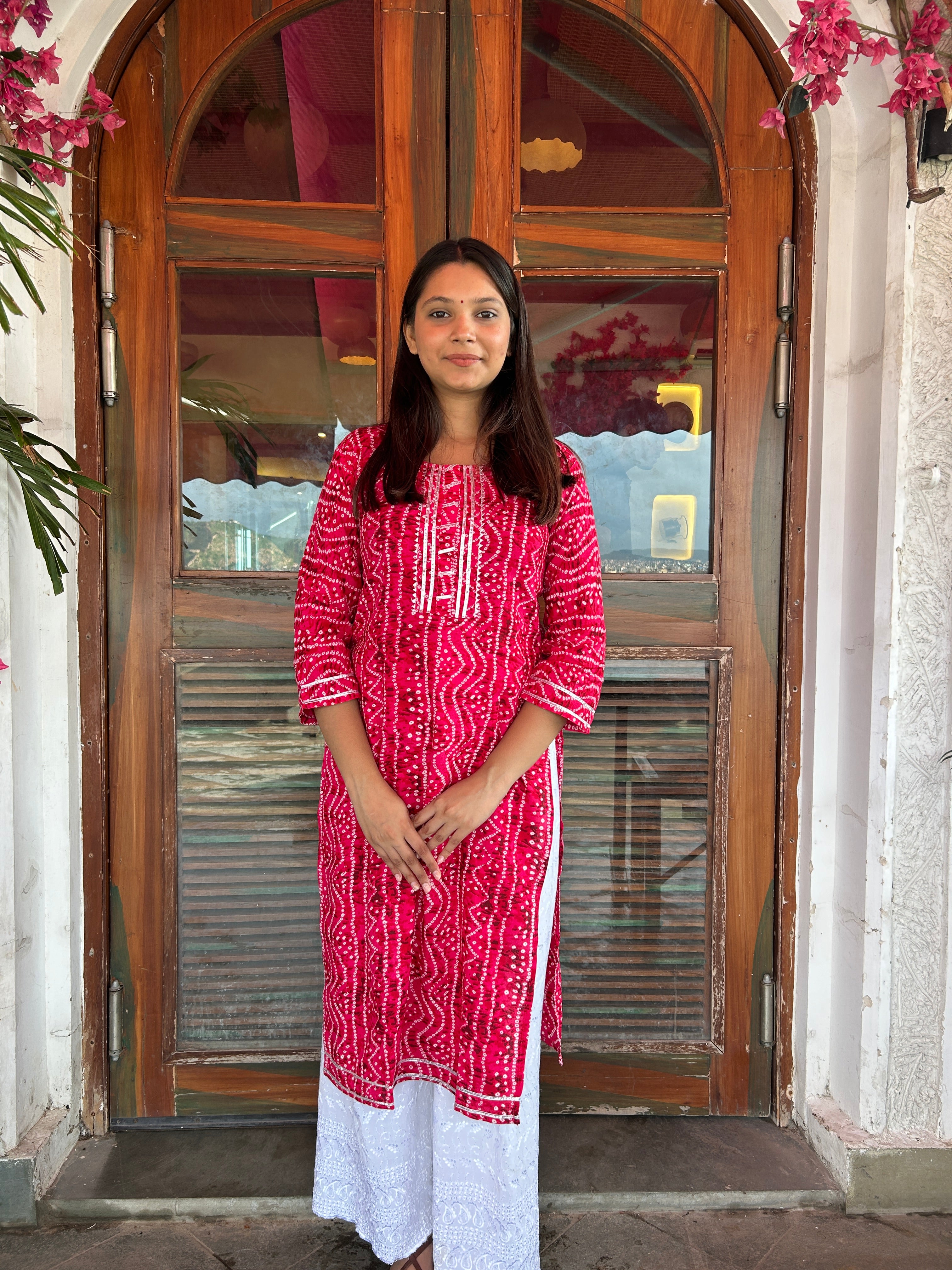 Rani Pink Bandhej Aaina Kurti