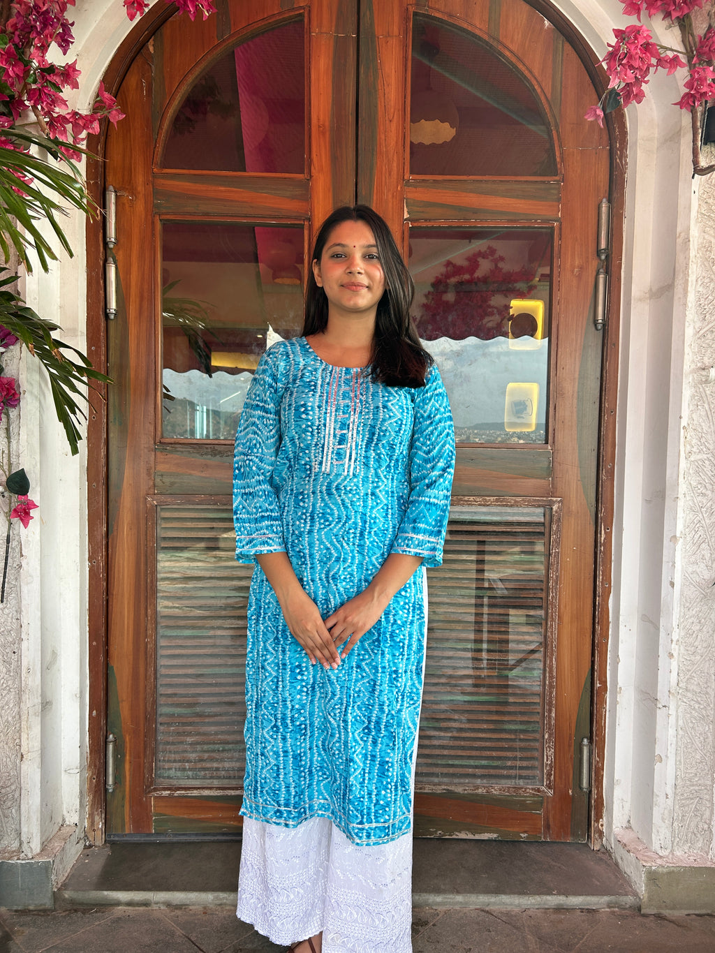 Light Blue Bandhej Aaina Kurti