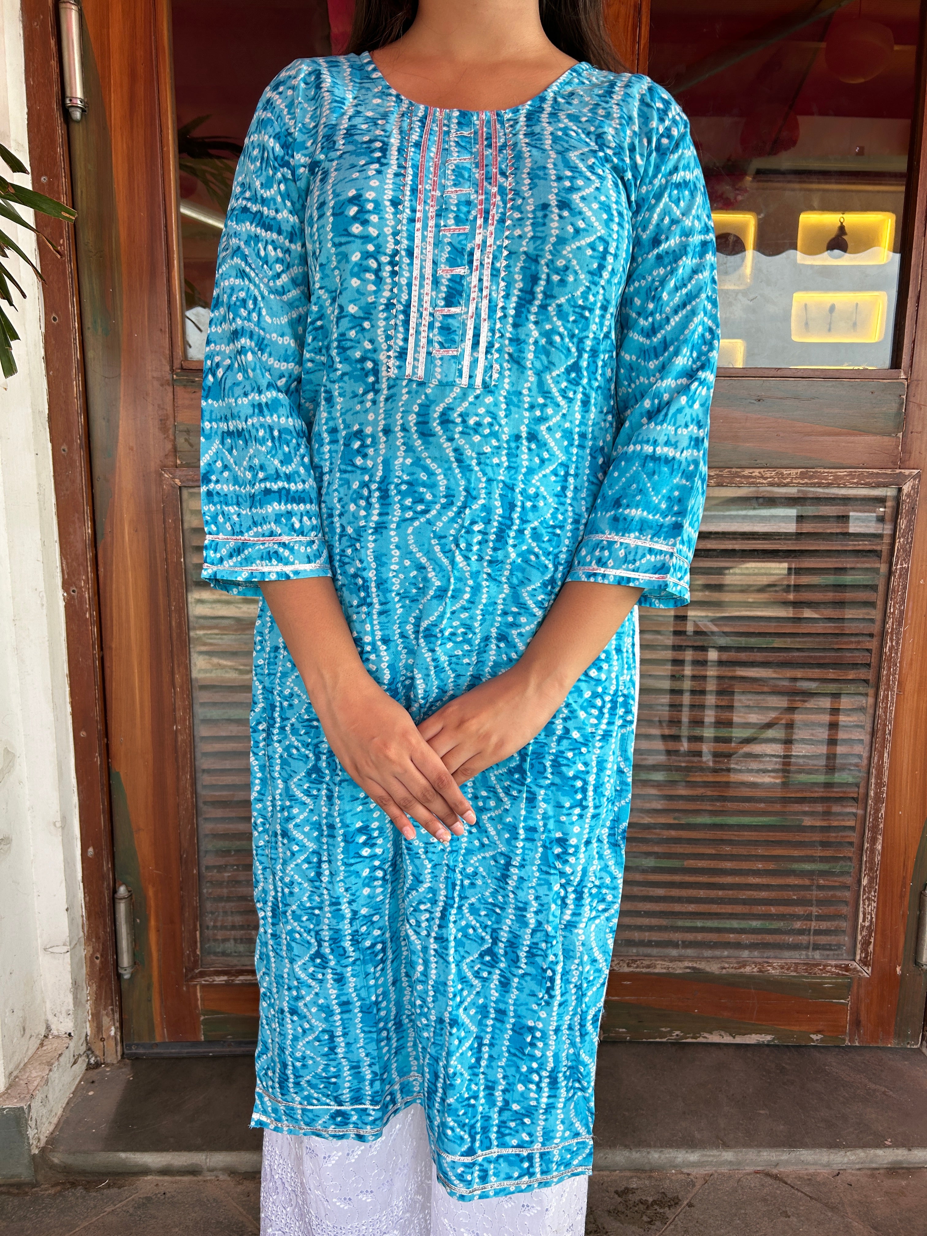 Light Blue Bandhej Aaina Kurti