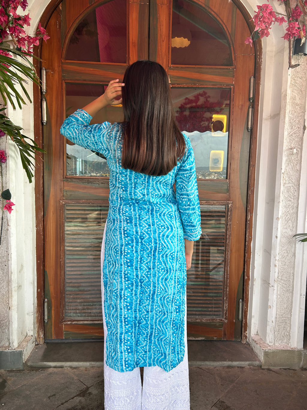 Light Blue Bandhej Aaina Kurti