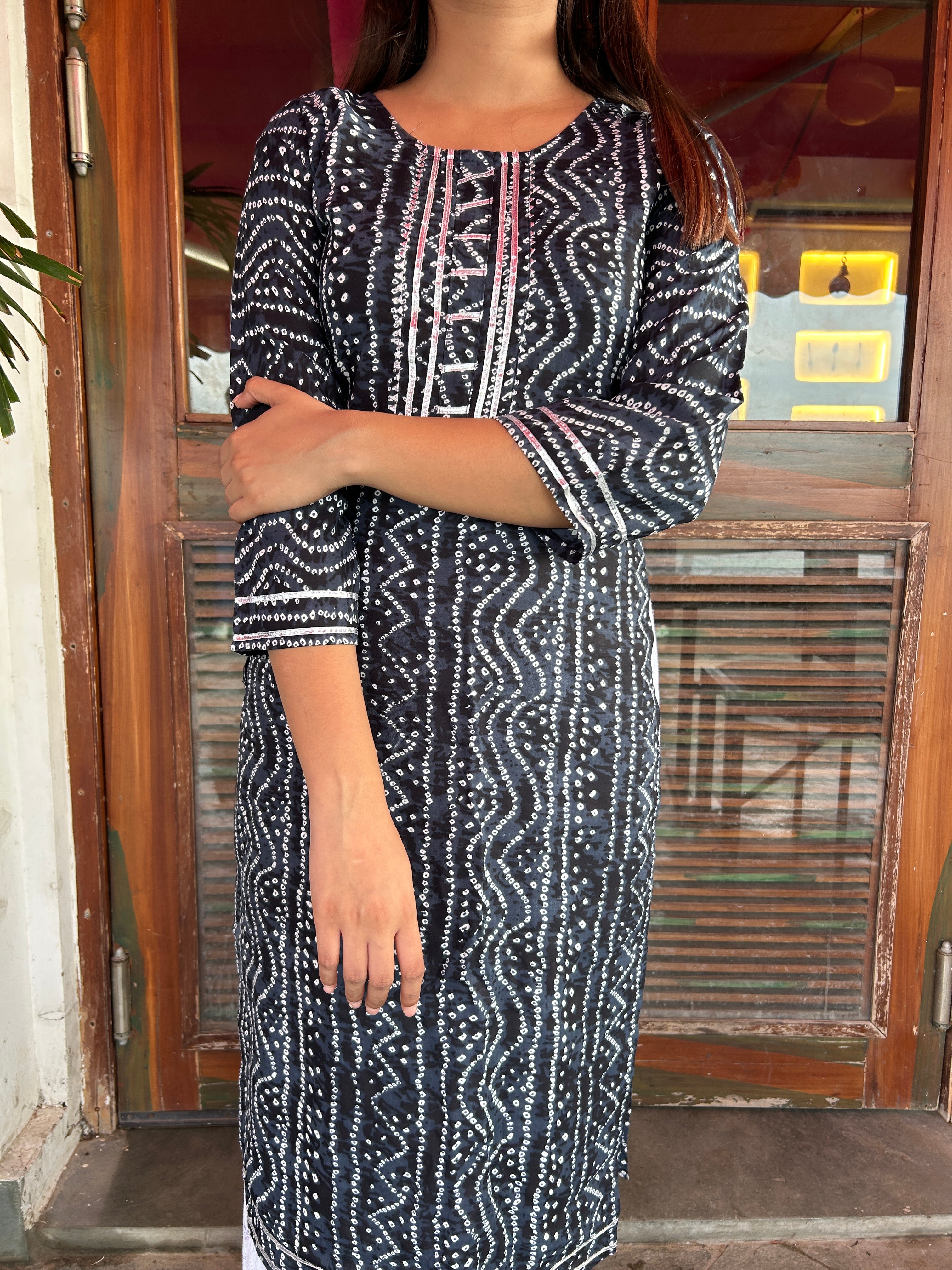 Navy Blue Bandhej Aaina Kurti