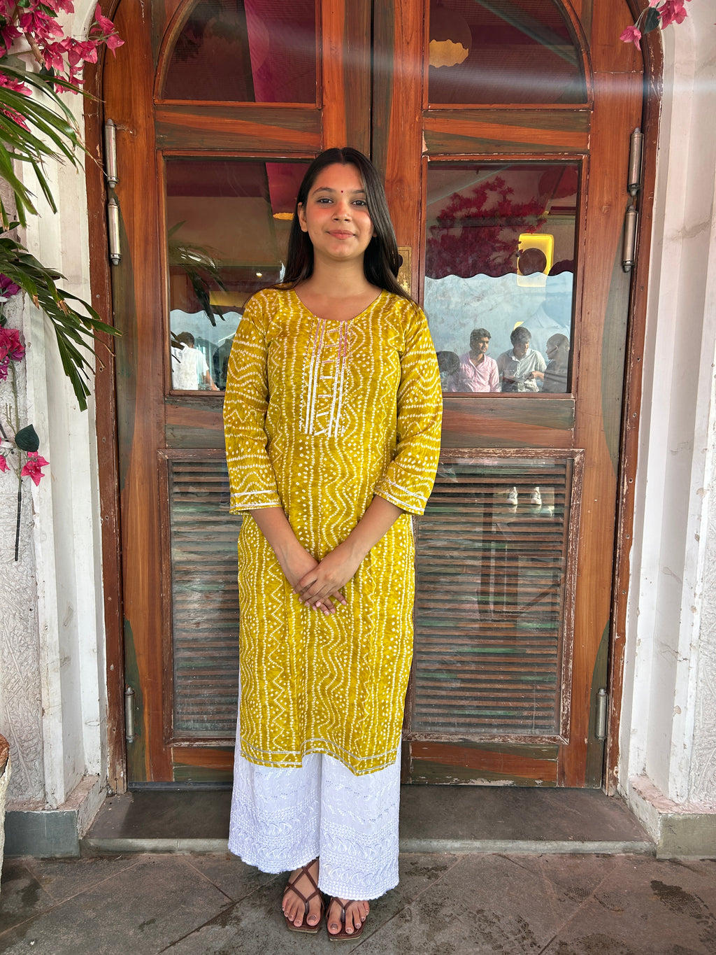 Yellow Bandhej Aaina Kurti
