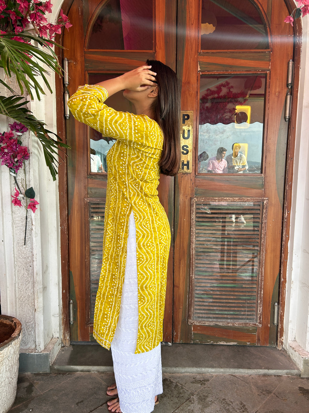 Yellow Bandhej Aaina Kurti