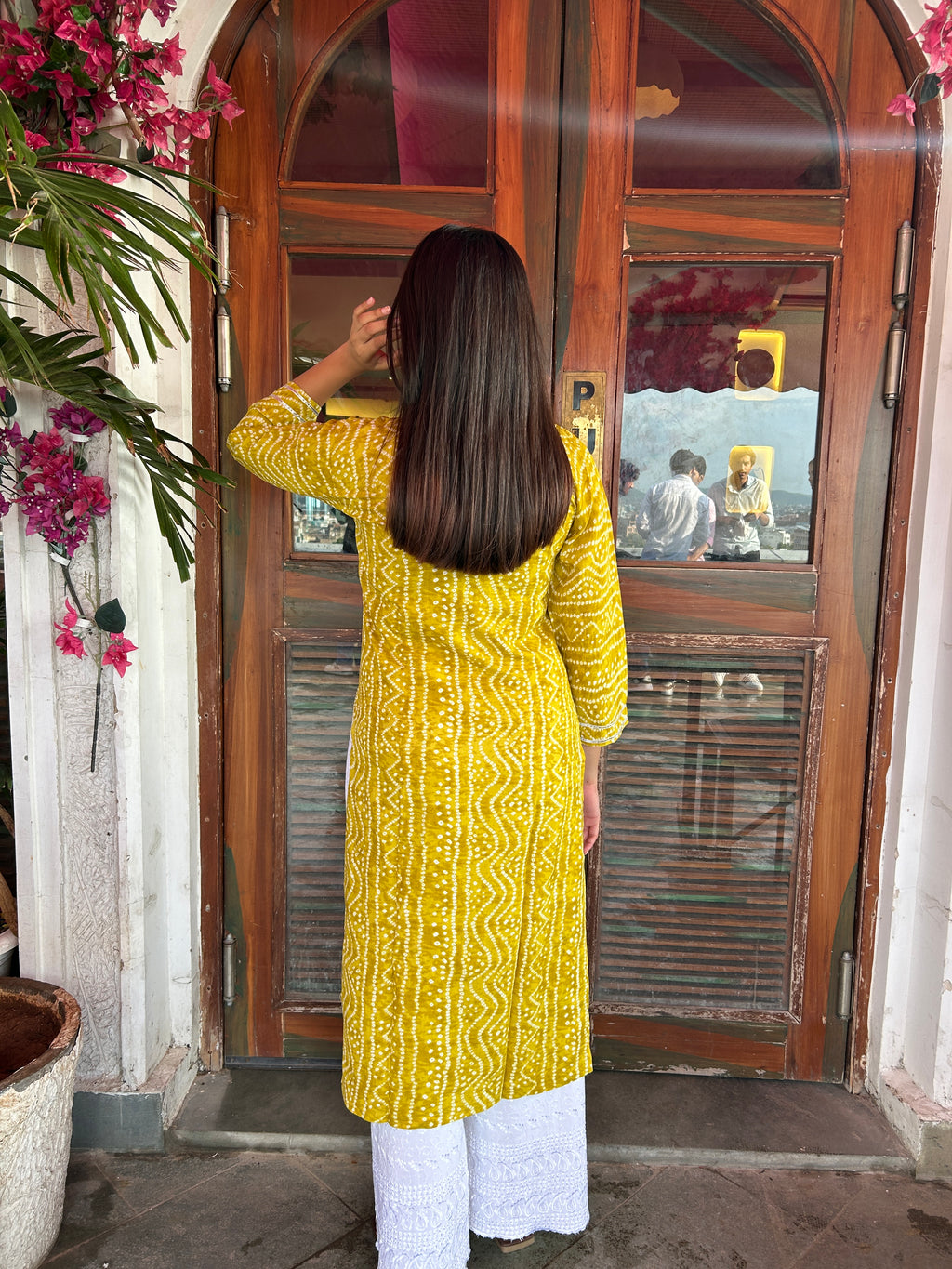 Yellow Bandhej Aaina Kurti