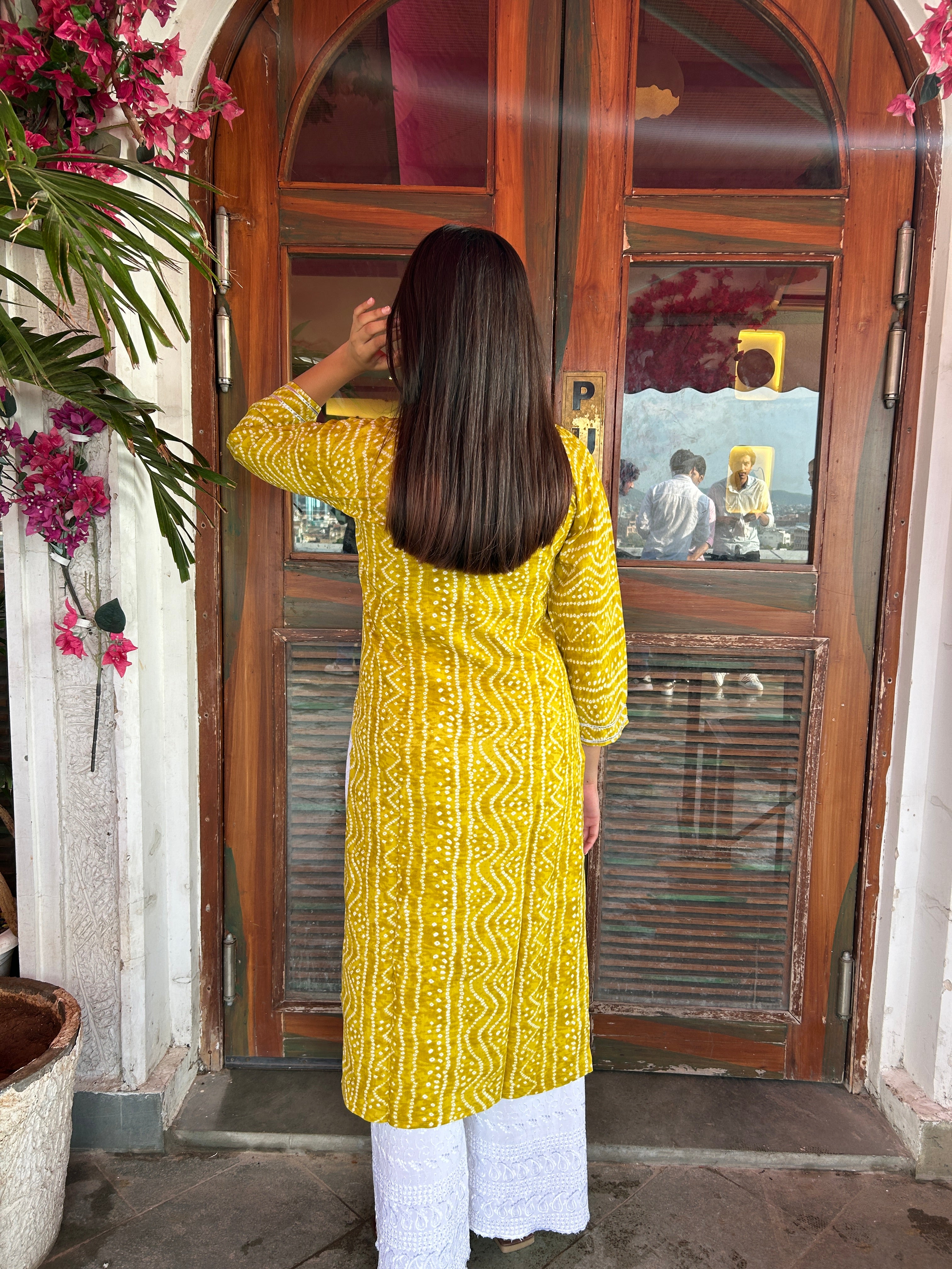 Yellow Bandhej Aaina Kurti