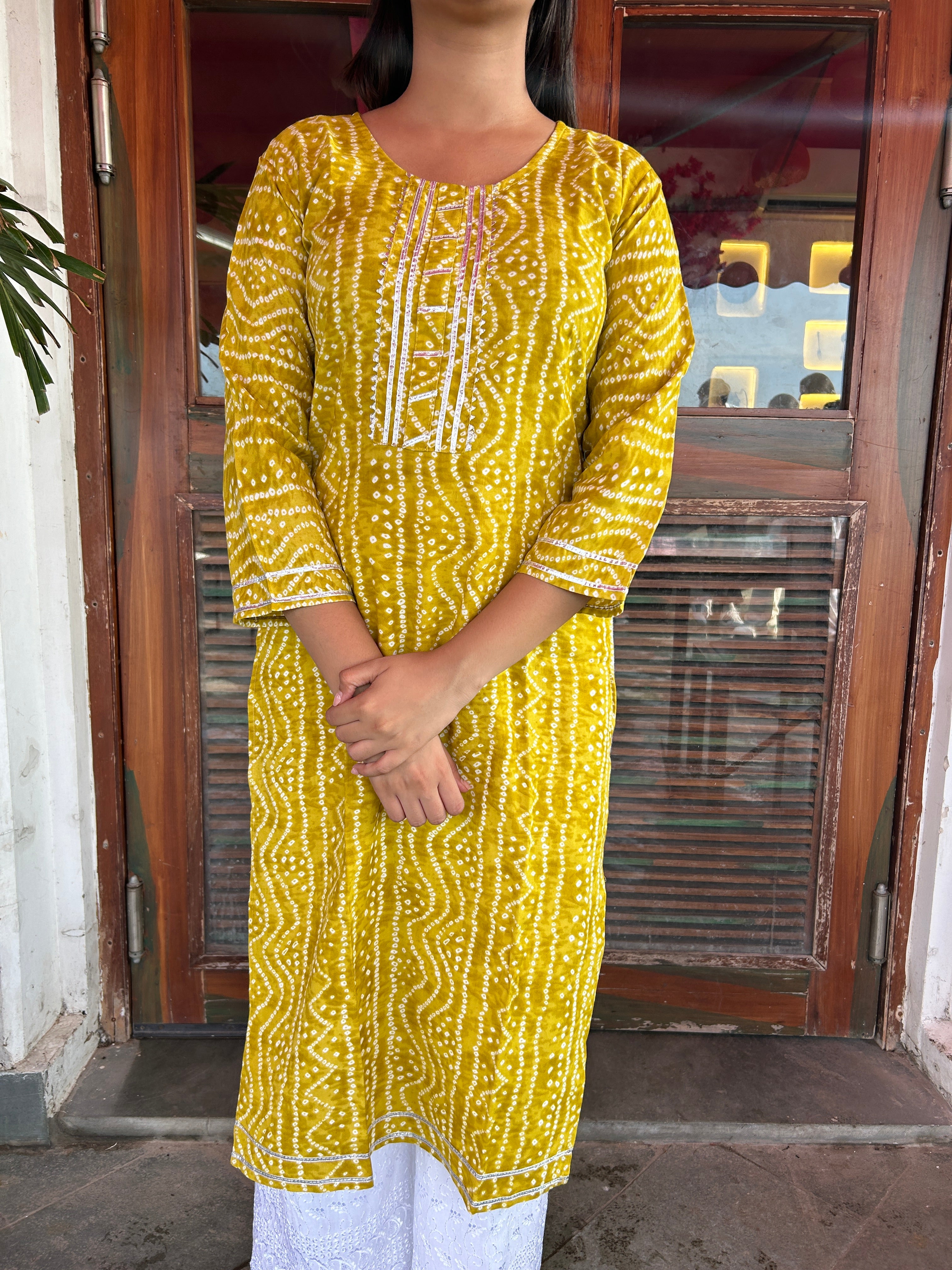 Yellow Bandhej Aaina Kurti