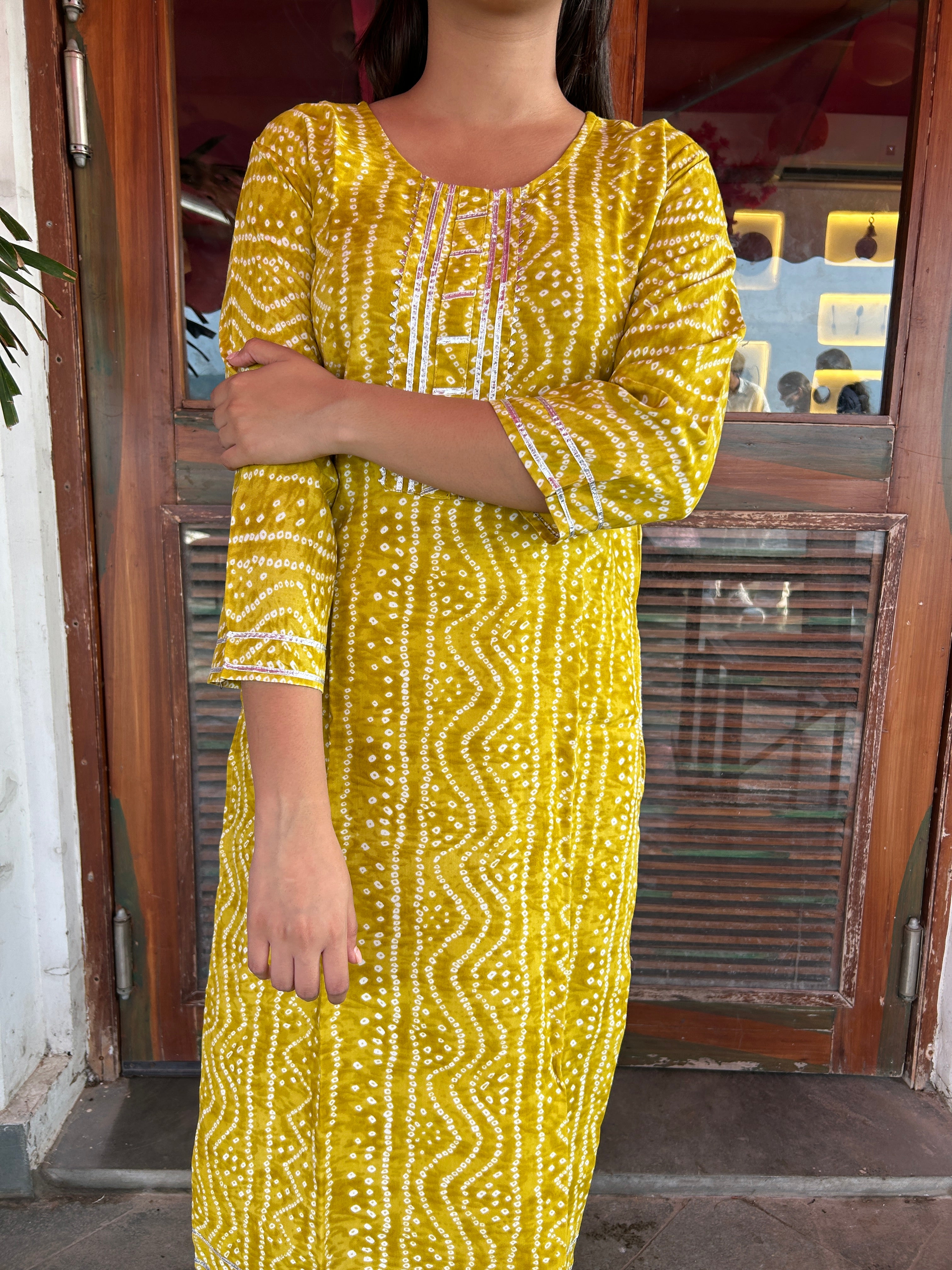 Yellow Bandhej Aaina Kurti