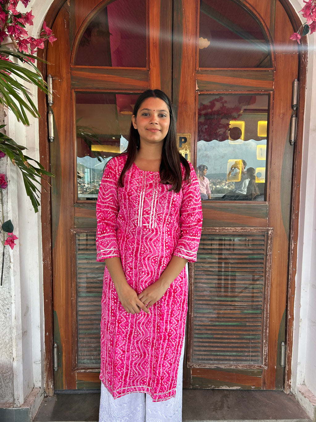 Light Pink Bandhej Aaina Kurti