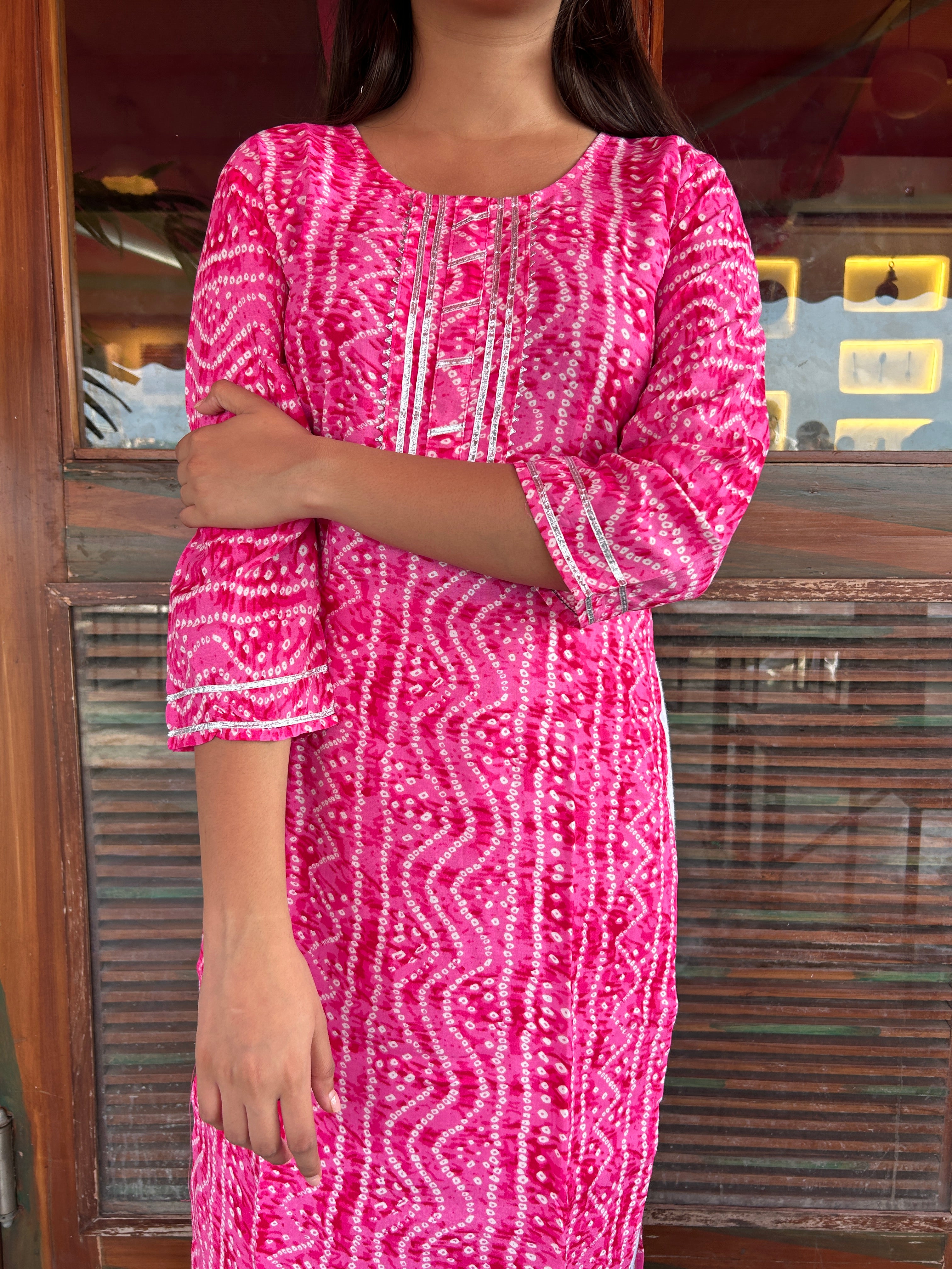 Light Pink Bandhej Aaina Kurti