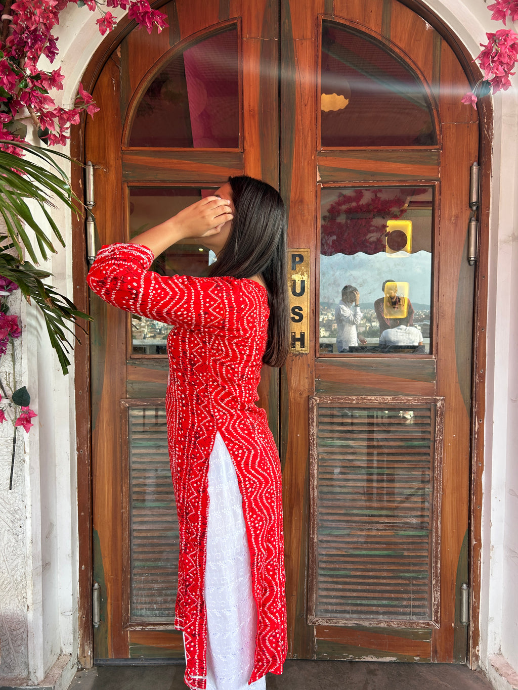 Red Bandhej Aaina Kurti