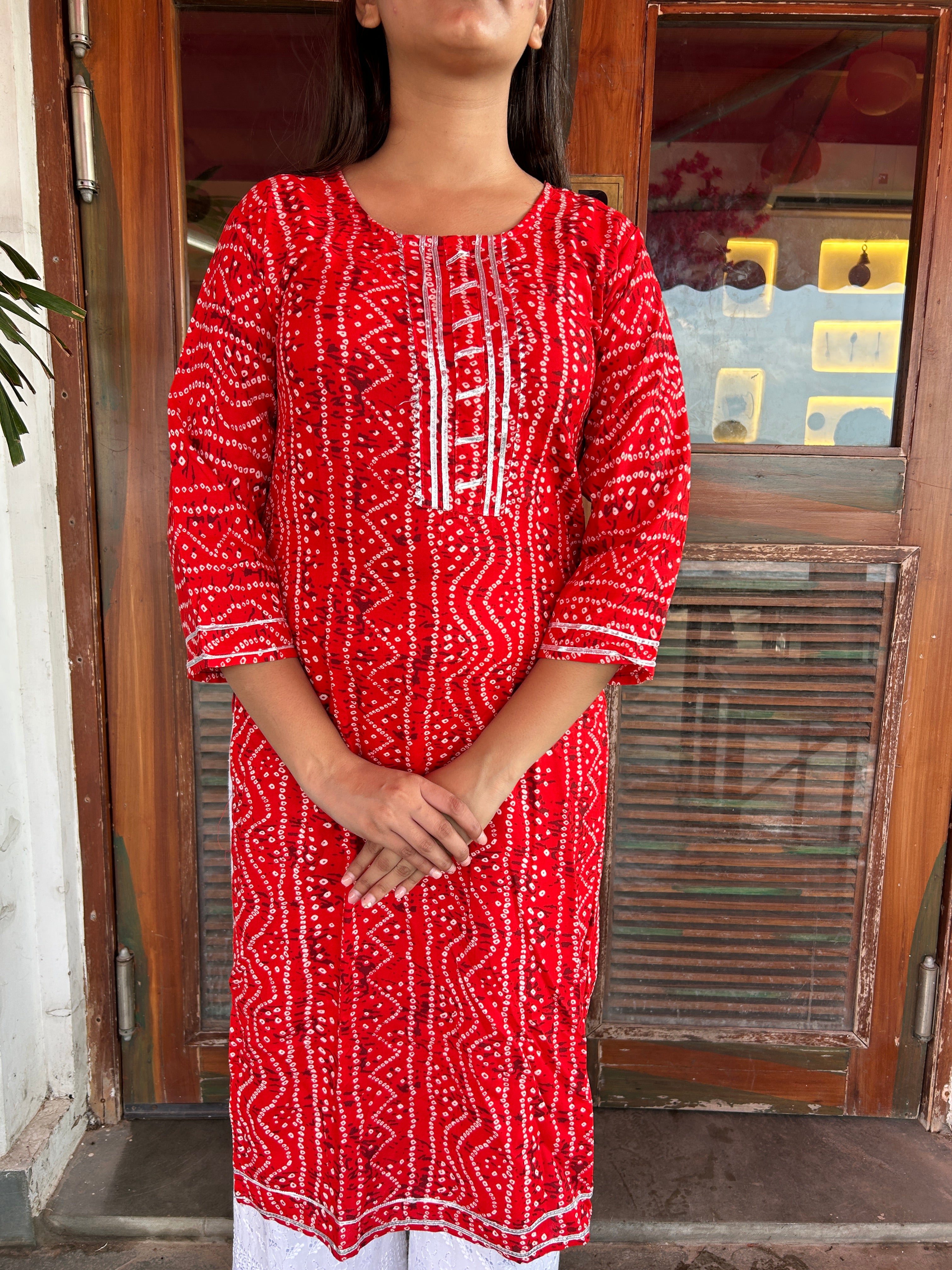 Red Bandhej Aaina Kurti