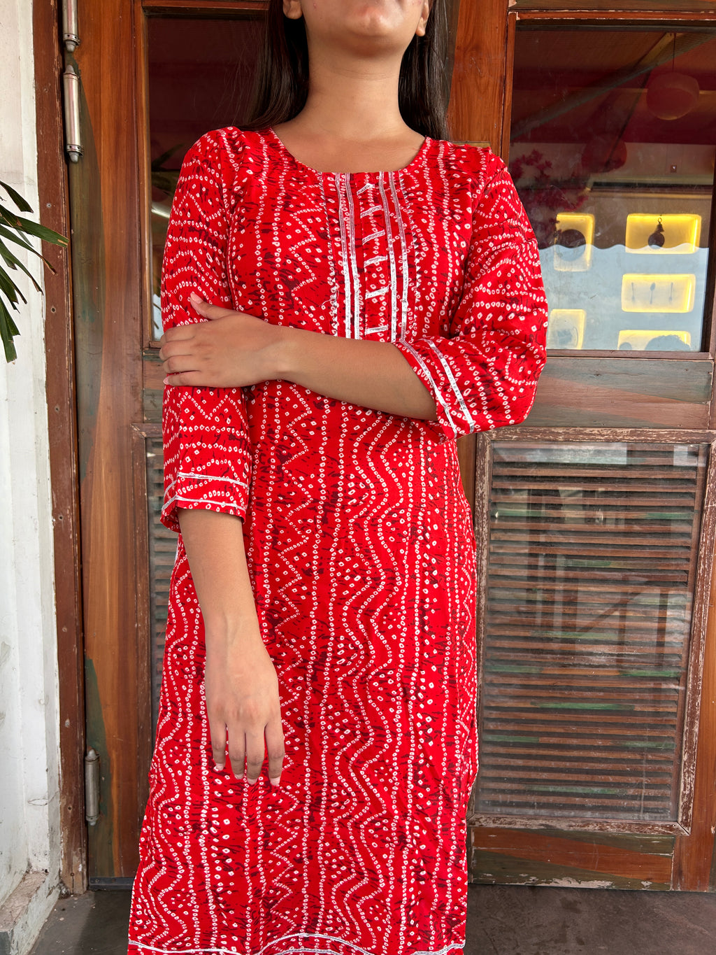 Red Bandhej Aaina Kurti