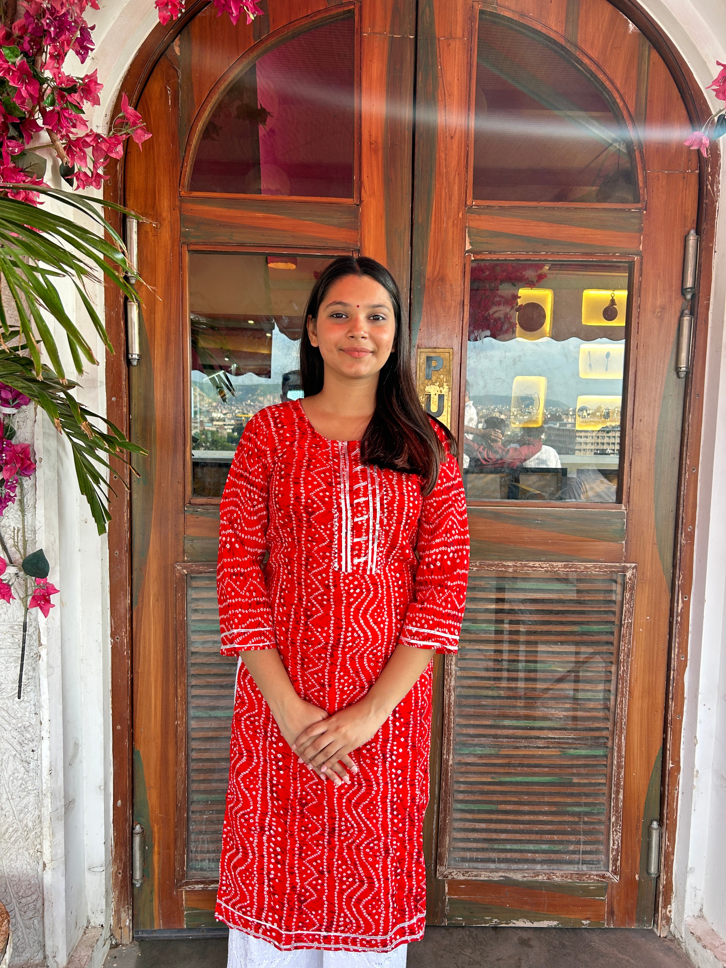Red Bandhej Aaina Kurti