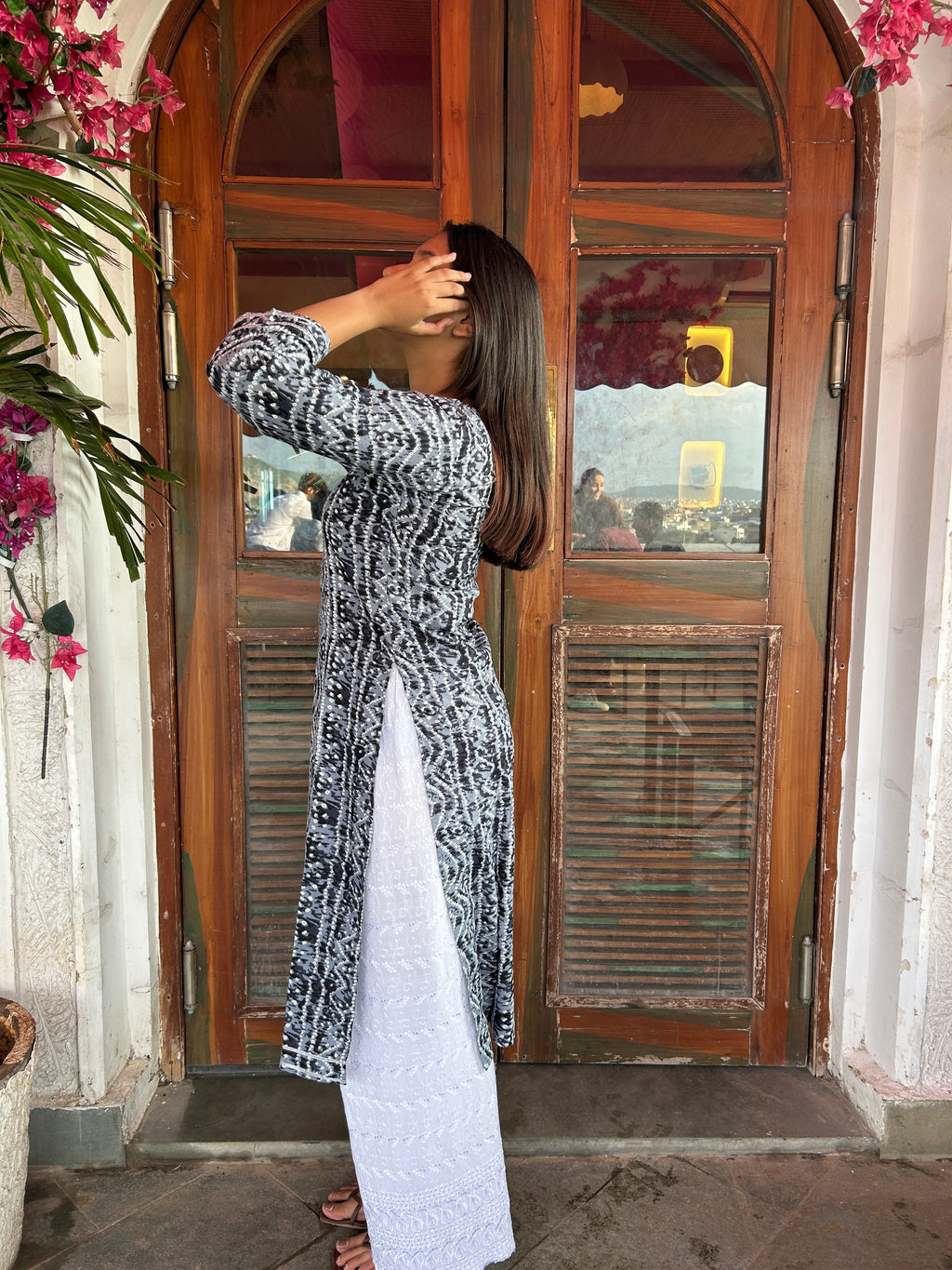Grey Bandhej Aaina Kurti