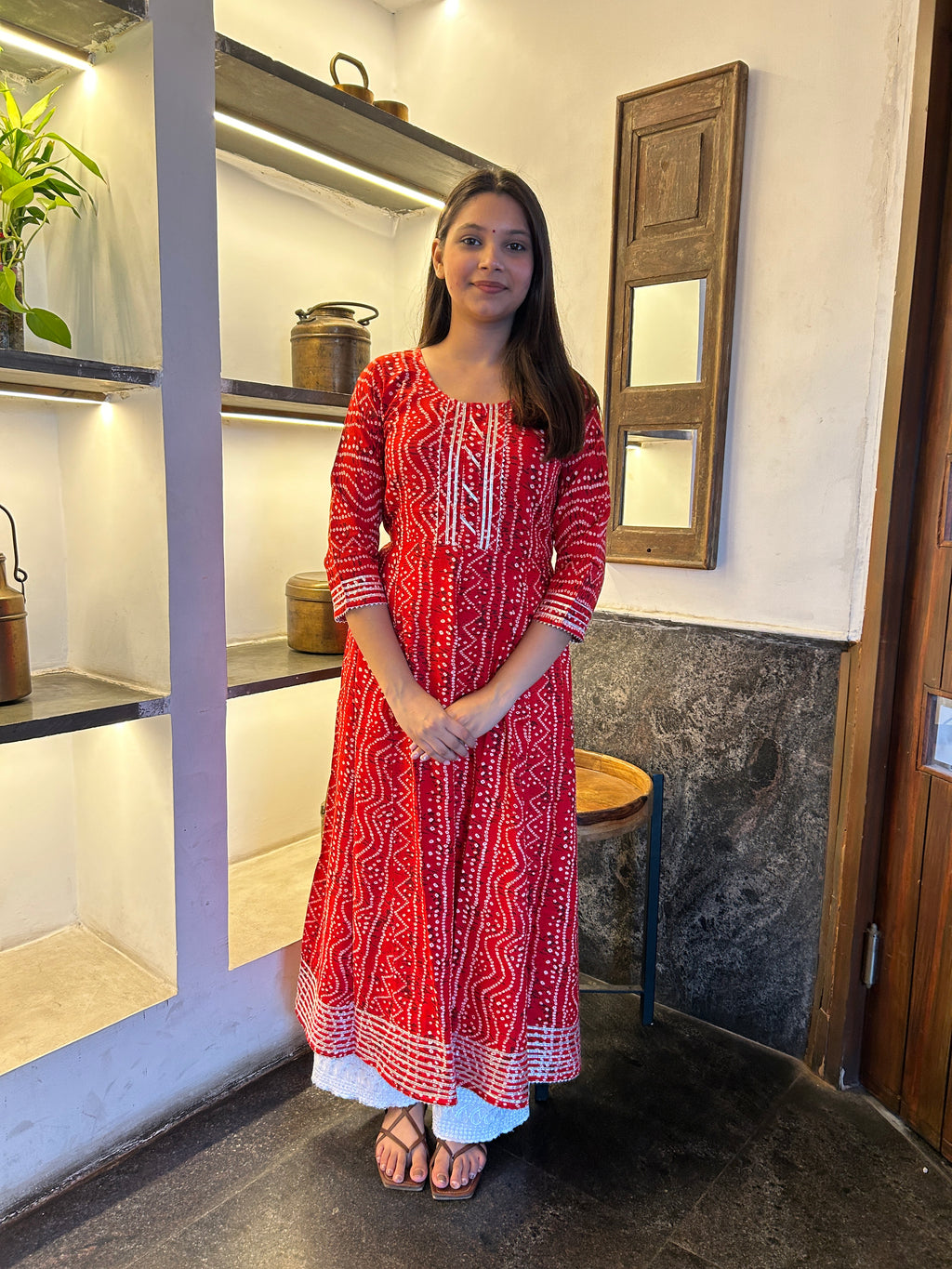 Red Bandhej Meher Anarkali Kurti