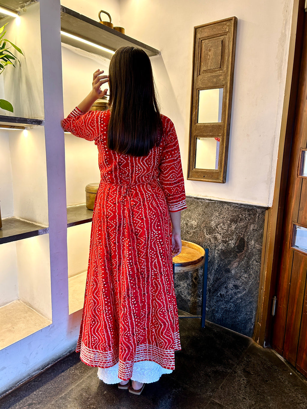 Red Bandhej Meher Anarkali Kurti