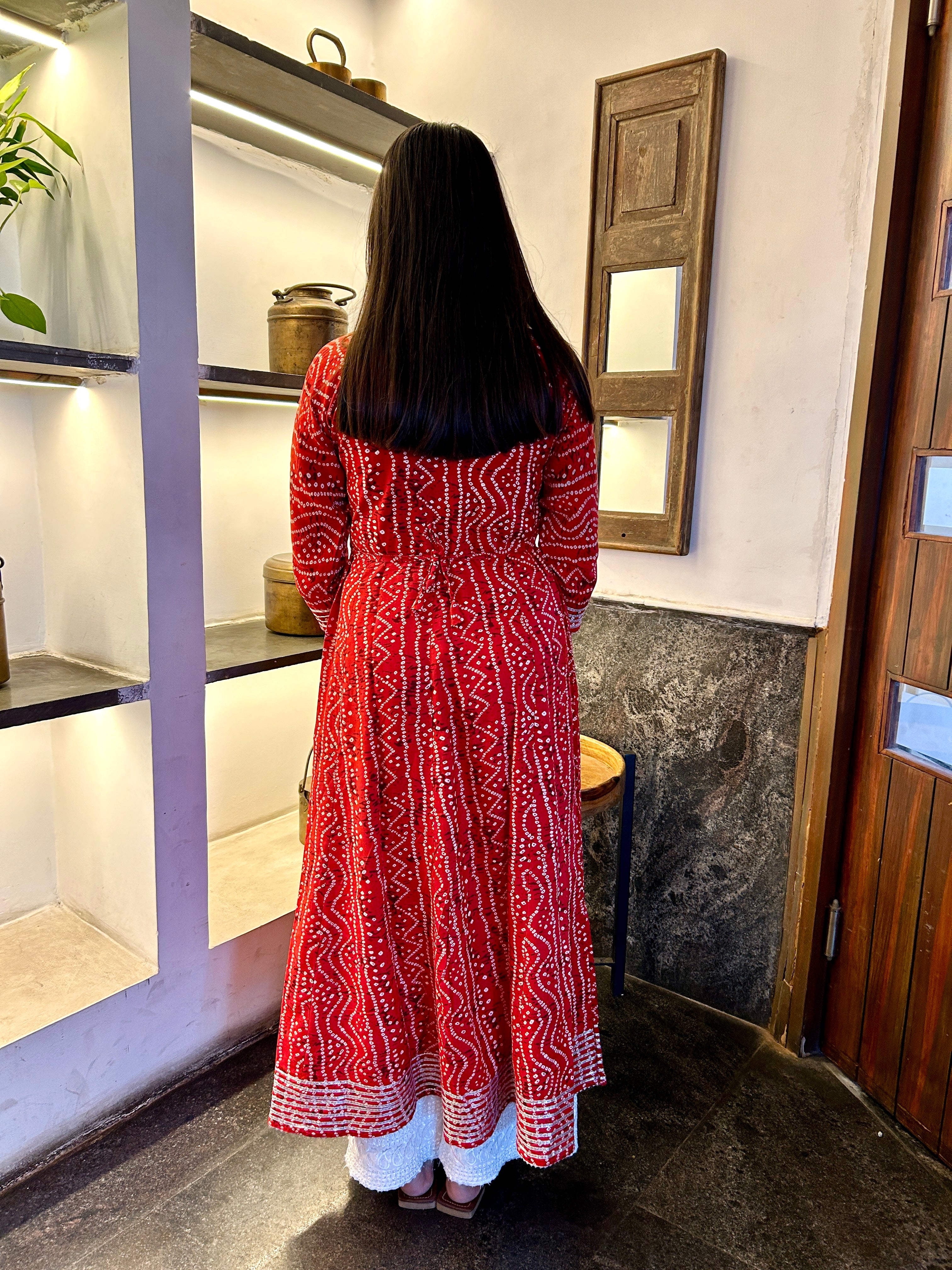 Red Bandhej Meher Anarkali Kurti