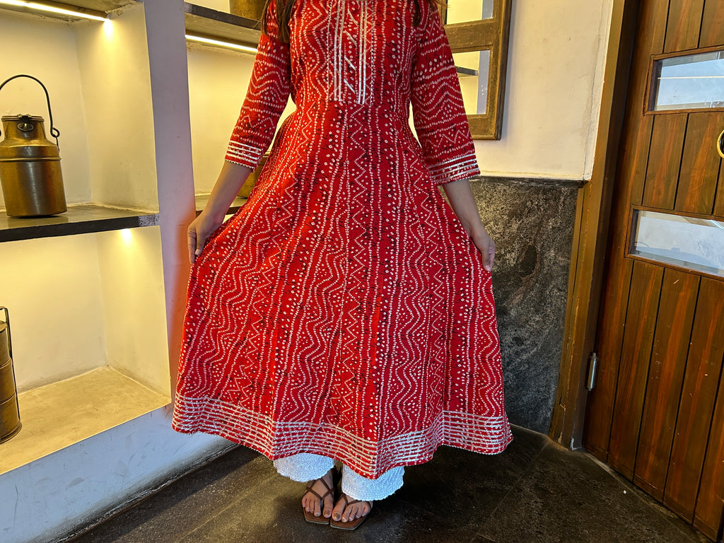 Red Bandhej Meher Anarkali Kurti