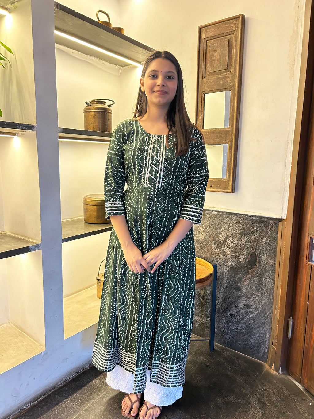 Olive Bandhej Meher Anarkali Kurti