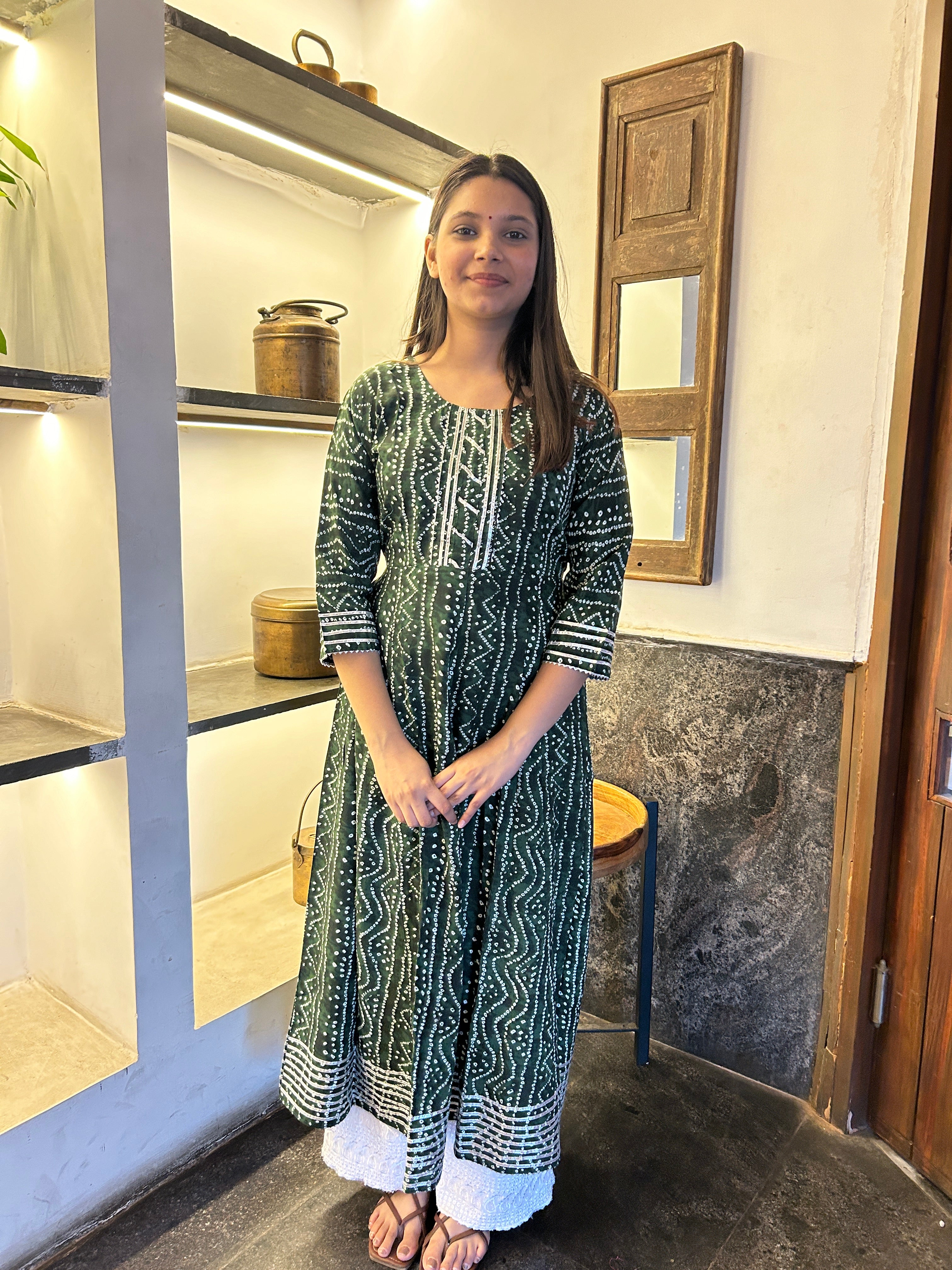 Olive Bandhej Meher Anarkali Kurti