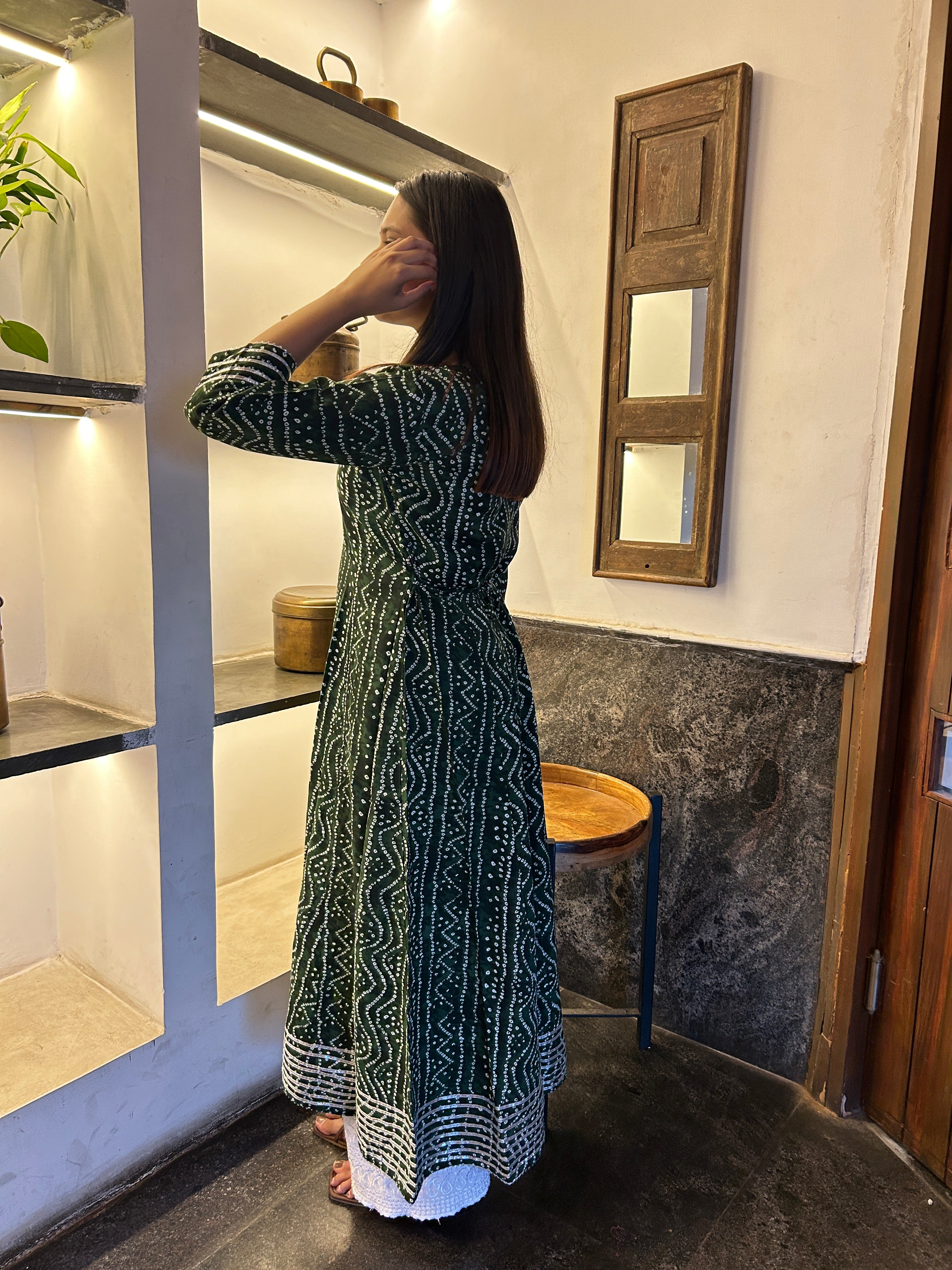 Olive Bandhej Meher Anarkali Kurti