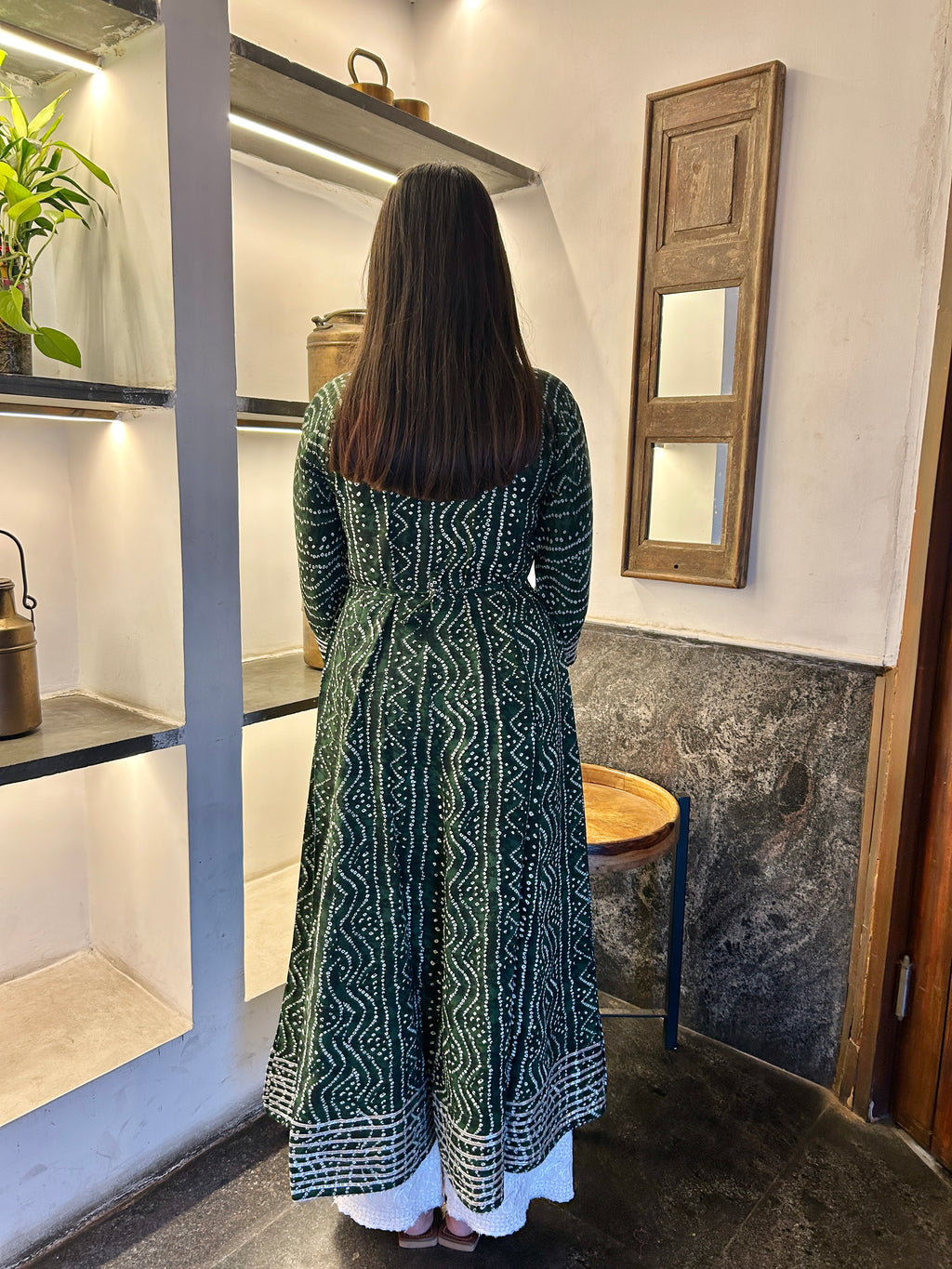 Olive Bandhej Meher Anarkali Kurti