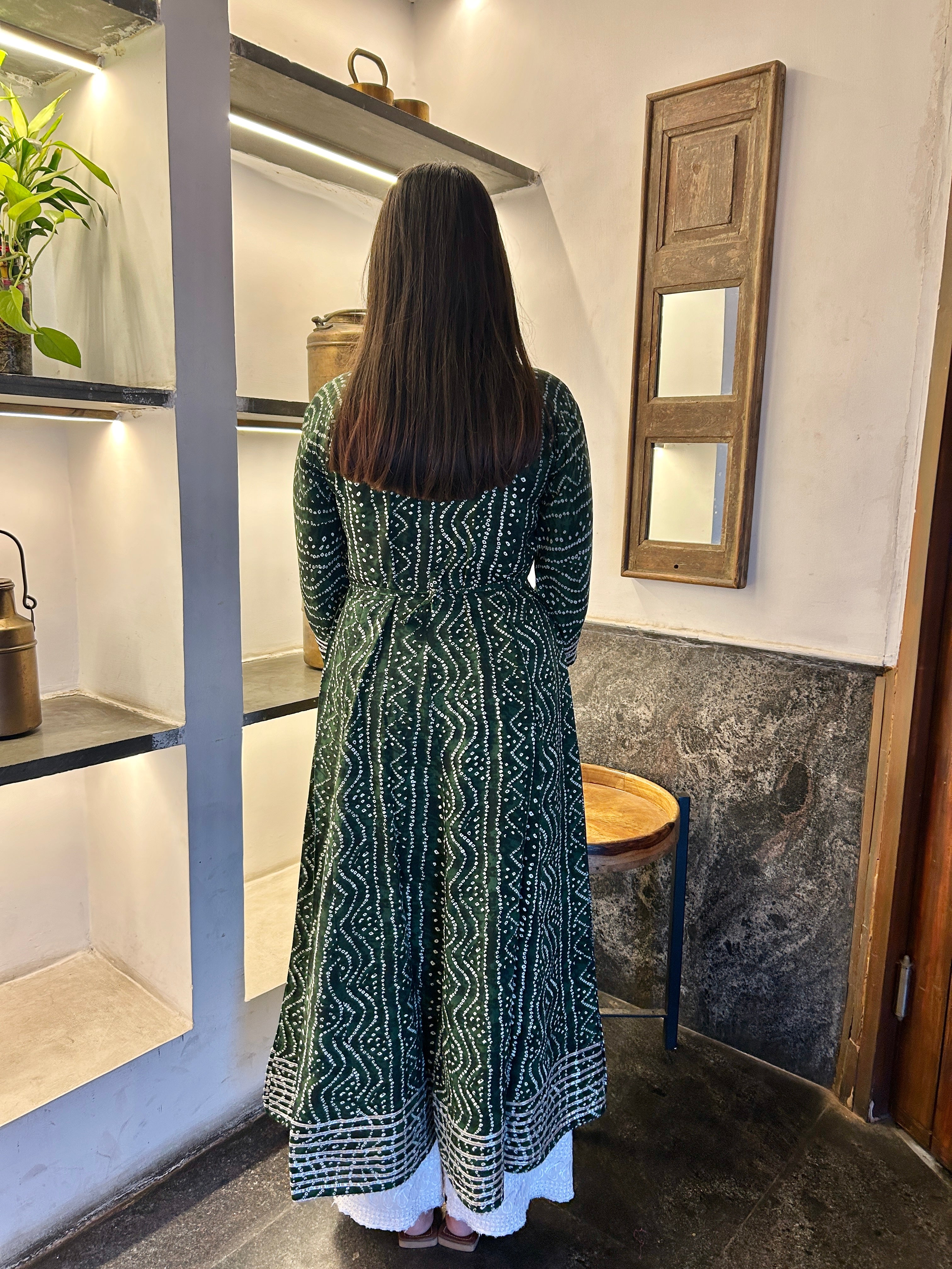 Olive Bandhej Meher Anarkali Kurti