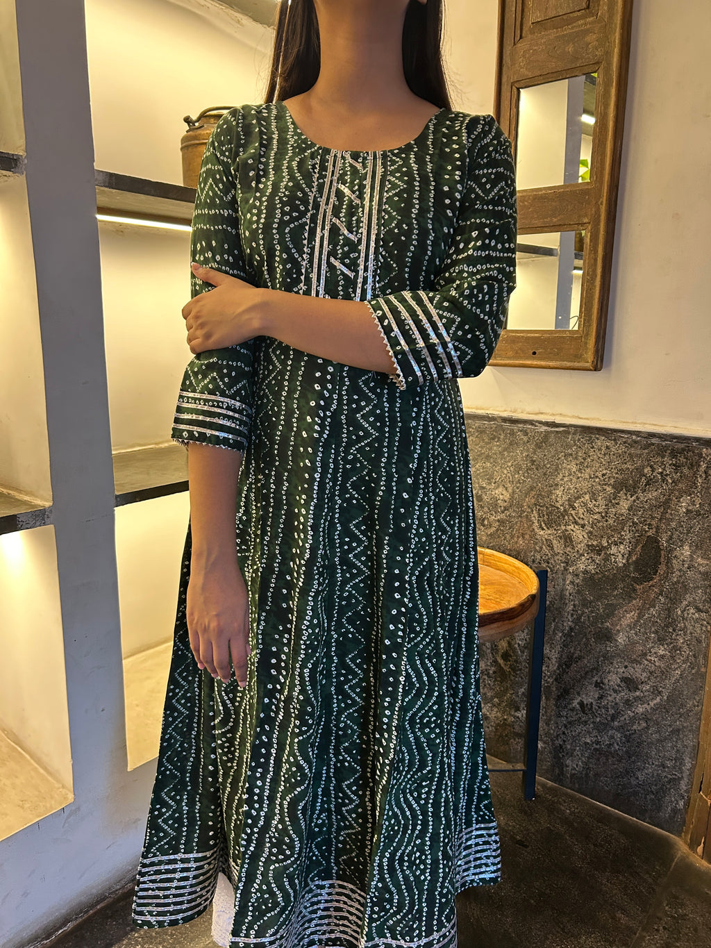 Olive Bandhej Meher Anarkali Kurti