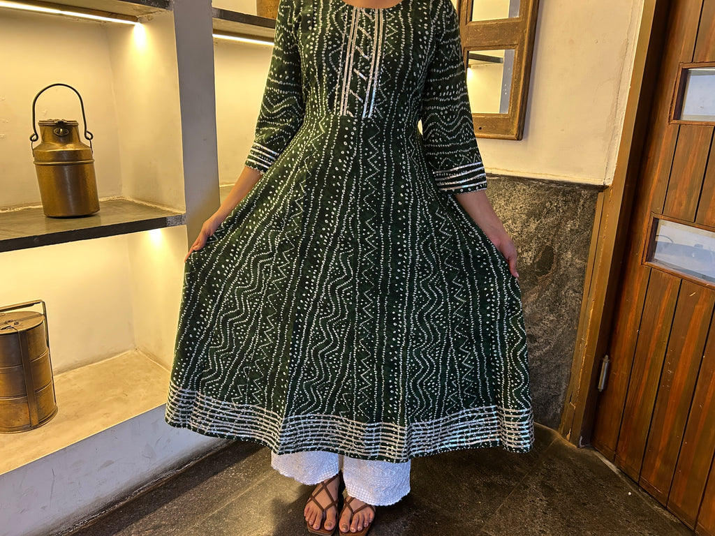 Olive Bandhej Meher Anarkali Kurti