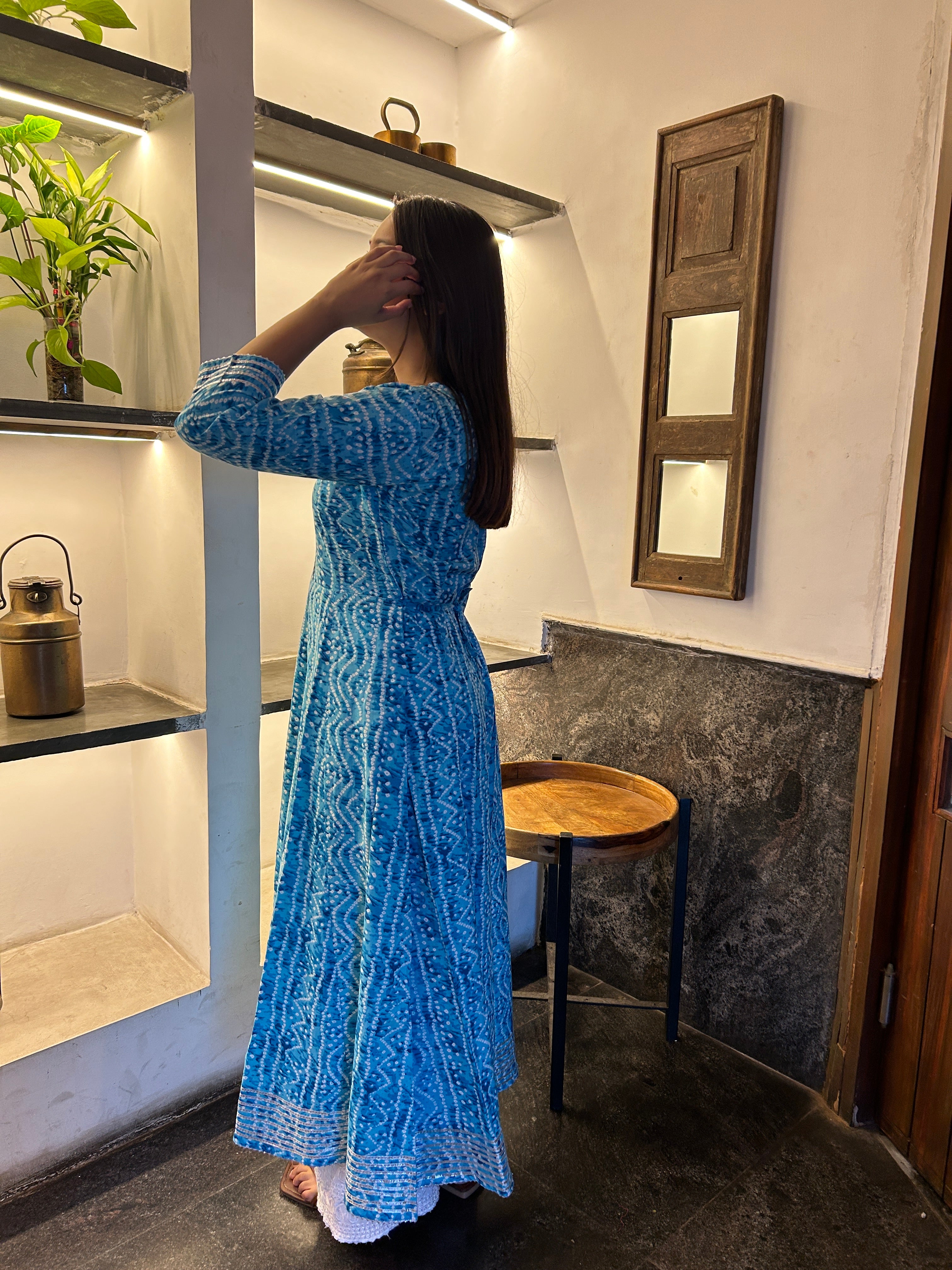 Light Blue Bandhej Meher Anarkali Kurti