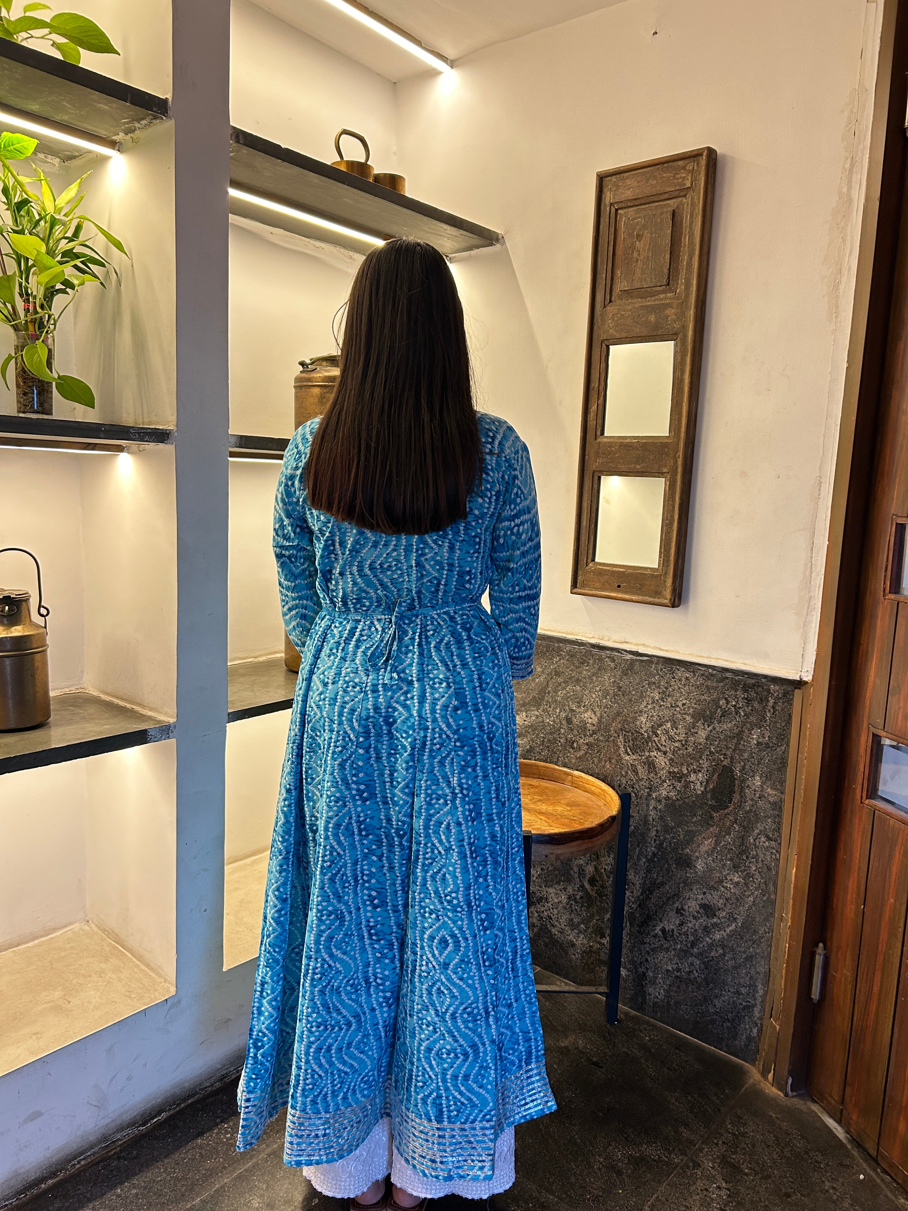 Light Blue Bandhej Meher Anarkali Kurti