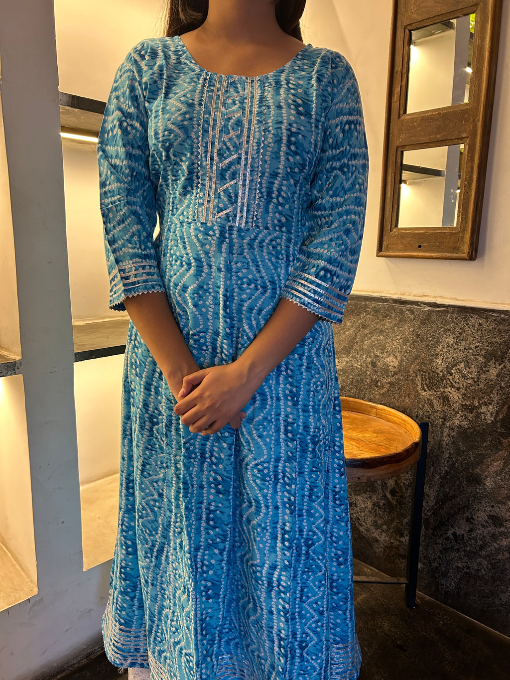Light Blue Bandhej Meher Anarkali Kurti