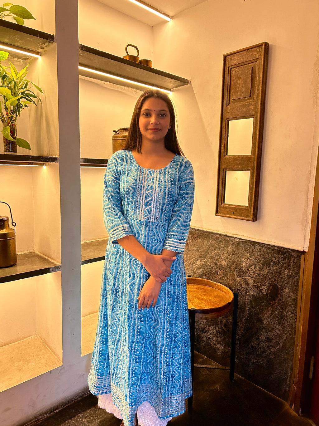 Light Blue Bandhej Meher Anarkali Kurti